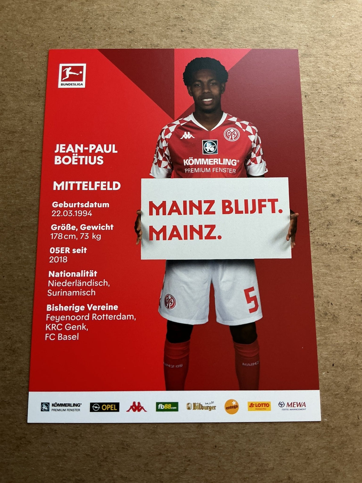 Jean-Paul Boëtius, Netherlands 🇳🇱 FSV Mainz 05 2020/21 hand signed - Autographs-World