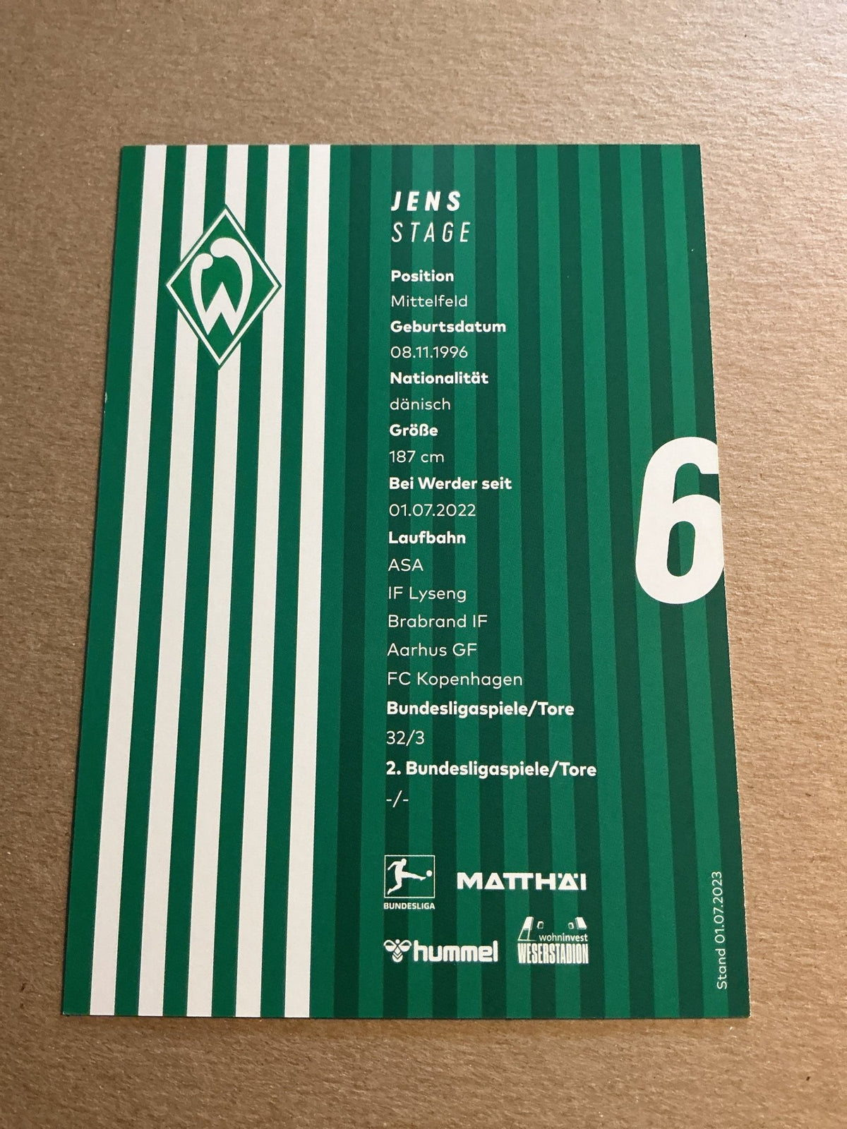 Jens Stage, Denmark 🇩🇰 SV Werder Bremen 2023/24 hand signed - Autographs-World