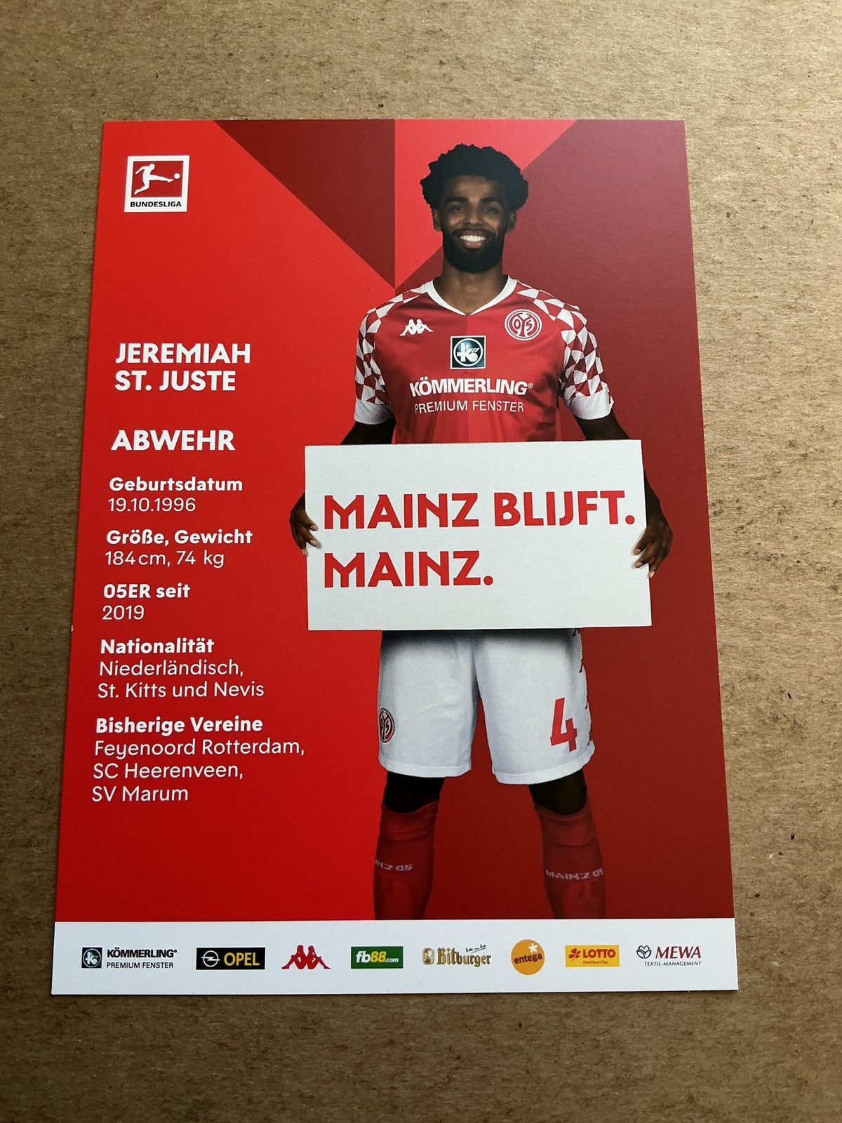 Jeremiah St. Juste, Netherlands 🇳🇱 FSV Mainz 05 2020/21 hand signed - Autographs-World