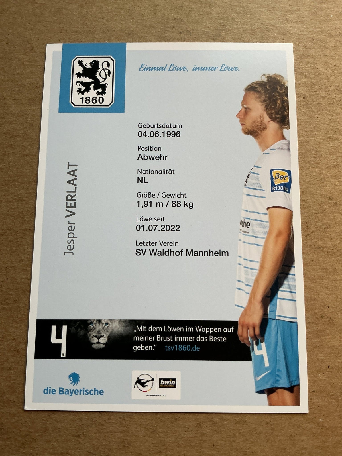 Jesper Verlaat, Netherlands 🇳🇱 TSV 1860 München 2022/23 hand signed - Autographs-World