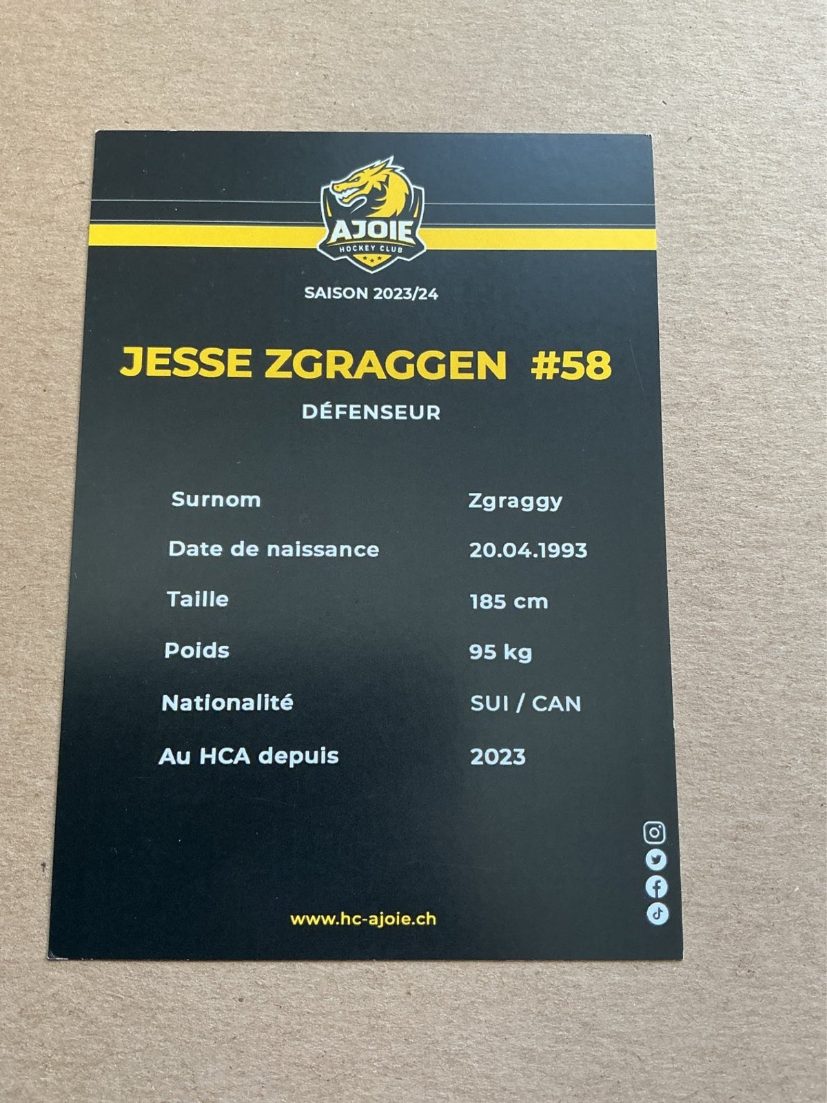 Jesse Zgraggen, Switzerland 🇨🇭 HC Ajoie 2023/24 hand signed - Autographs-World