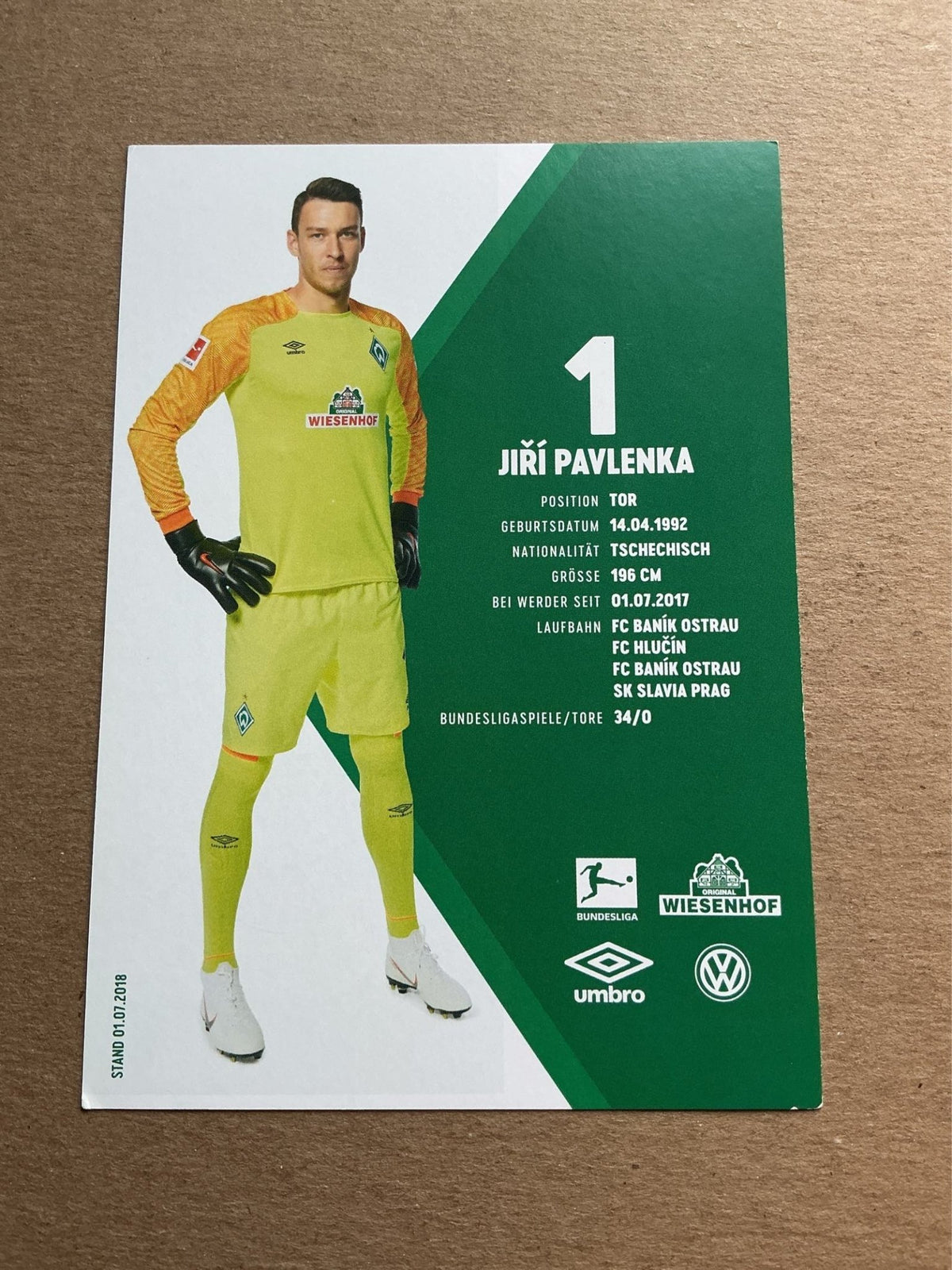 Jiři Pavlenka, Czech Republic 🇨🇿 SV Werder Bremen 2018/19 hand signed - Autographs-World