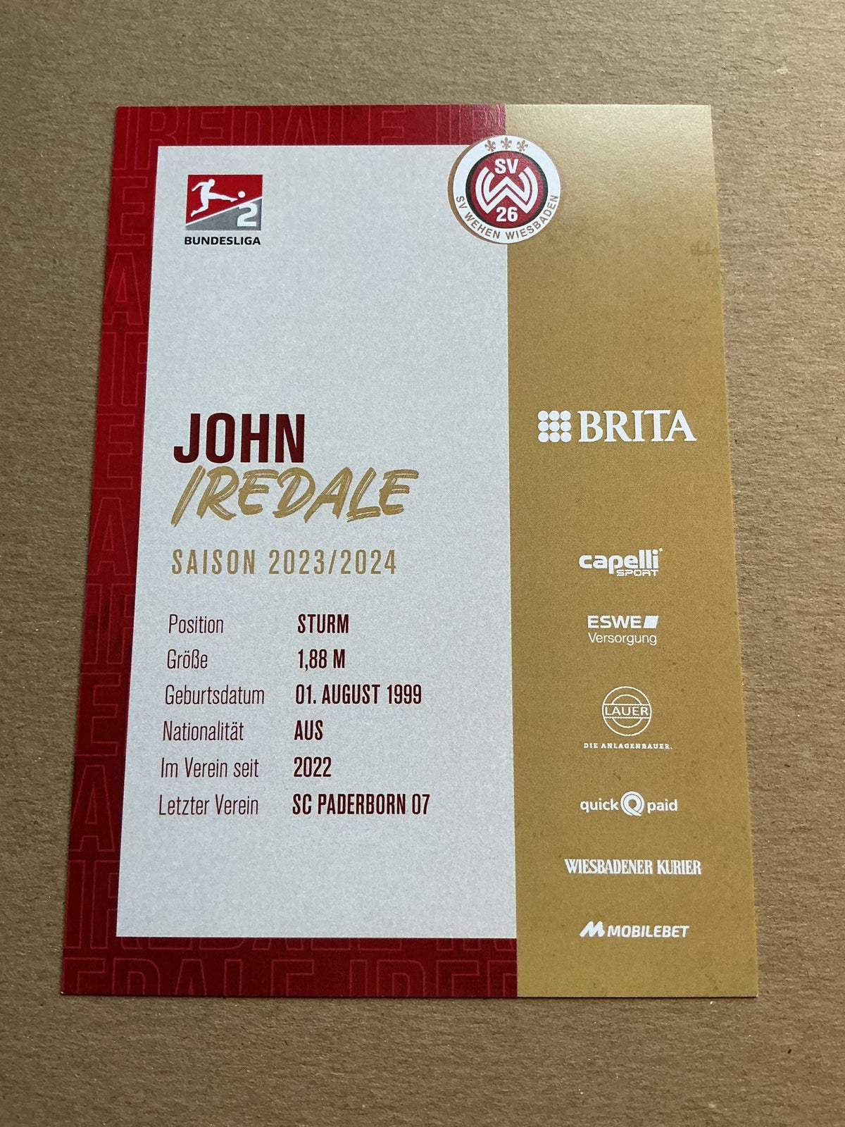 John Iredale, Australia 🇦🇺 SV Wehen Wiesbaden 2023/24 hand signed - Autographs-World