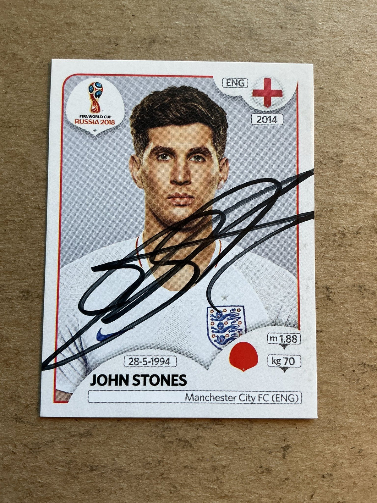 John Stones, England 🏴󠁧󠁢󠁥󠁮󠁧󠁿 FIFA World Cup 2018 Panini hand signed - Autographs-World