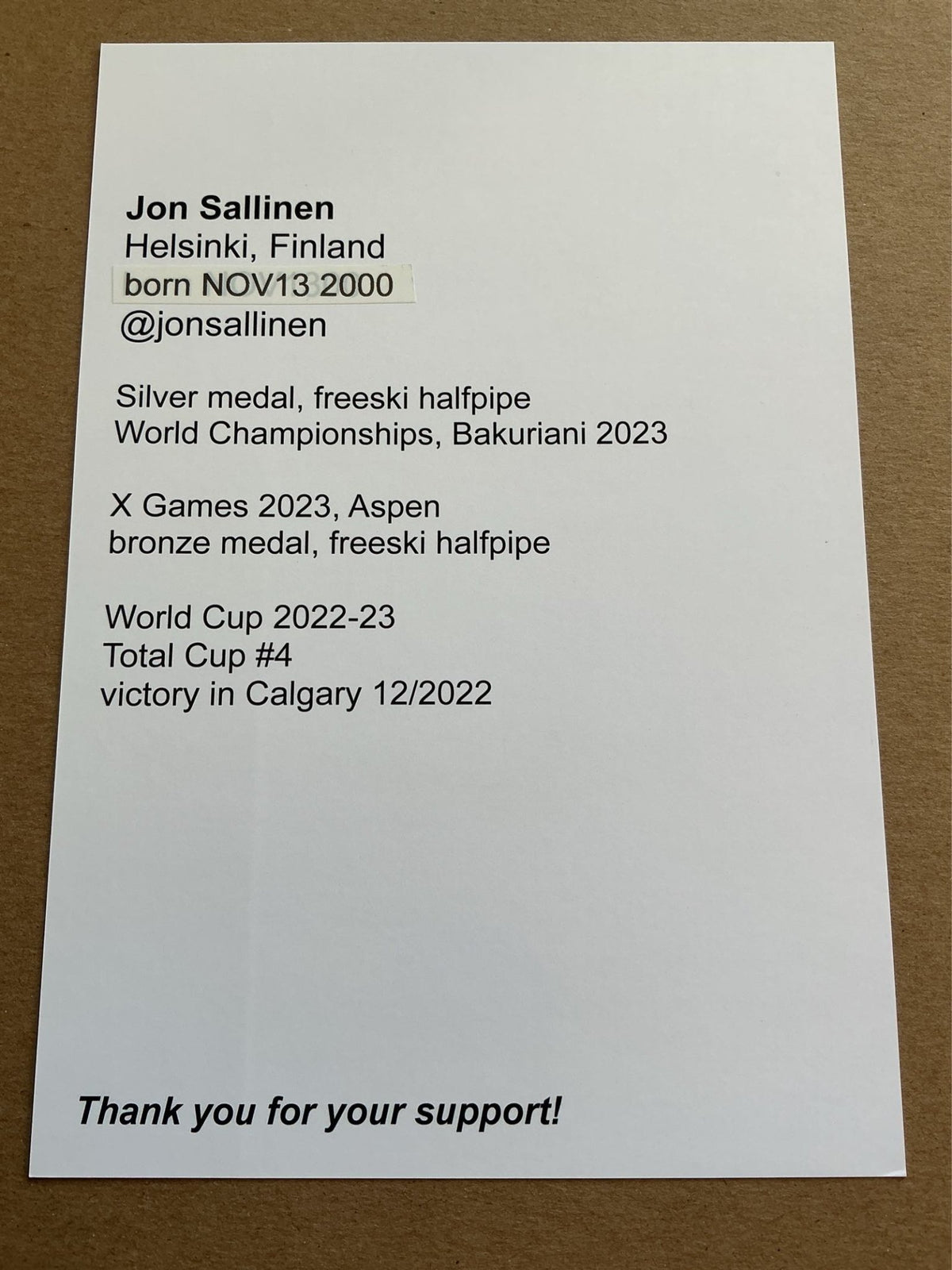 Jon Sallinen, Finland 🇫🇮 Freestyle Winter 2022/23 hand signed - Autographs-World