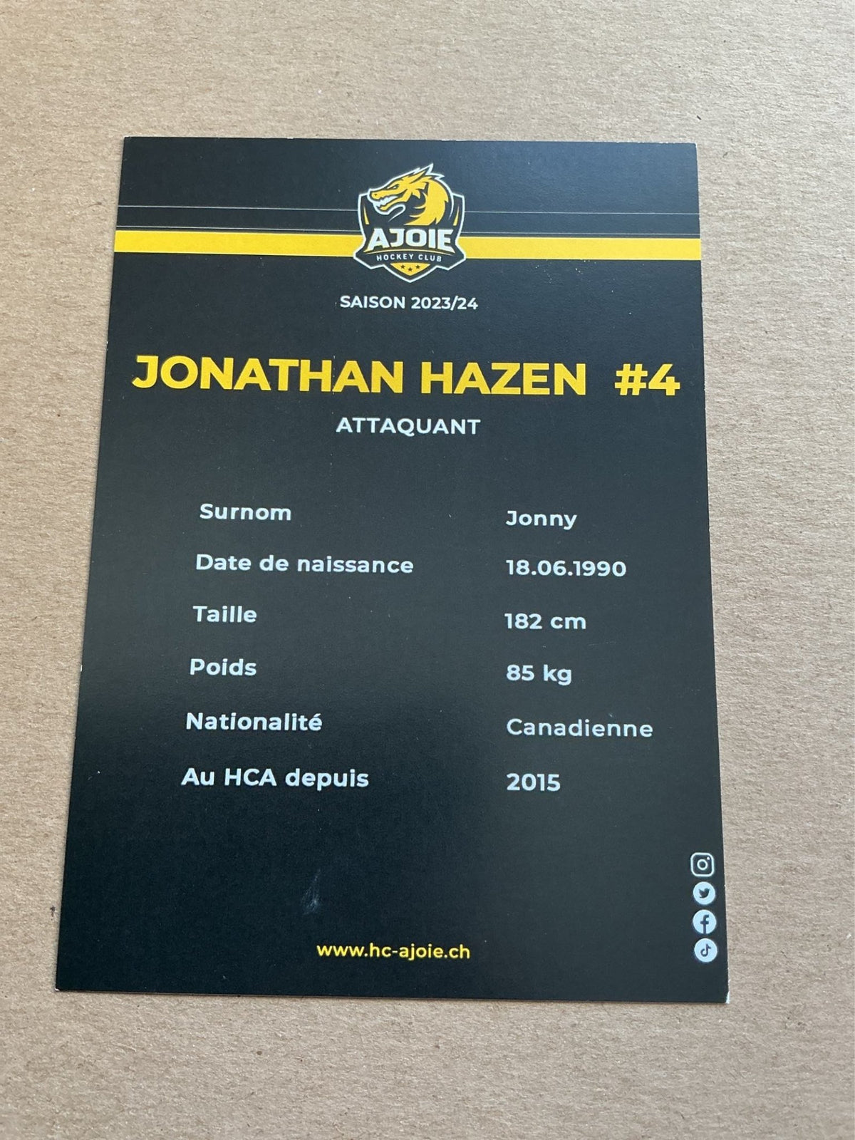 Jonathan Hazen, Canada 🇨🇦 HC Ajoie 2023/24 hand signed - Autographs-World