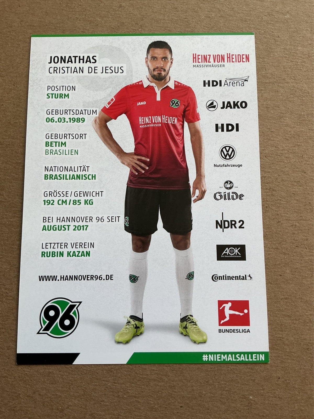 Jonathas, Brazil 🇧🇷 Hannover 96 2017/18 hand signed - Autographs-World