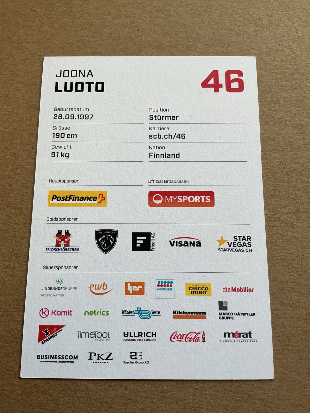 Joona Luoto, Finland 🇫🇮 SC Bern 2023/24 hand signed - Autographs-World