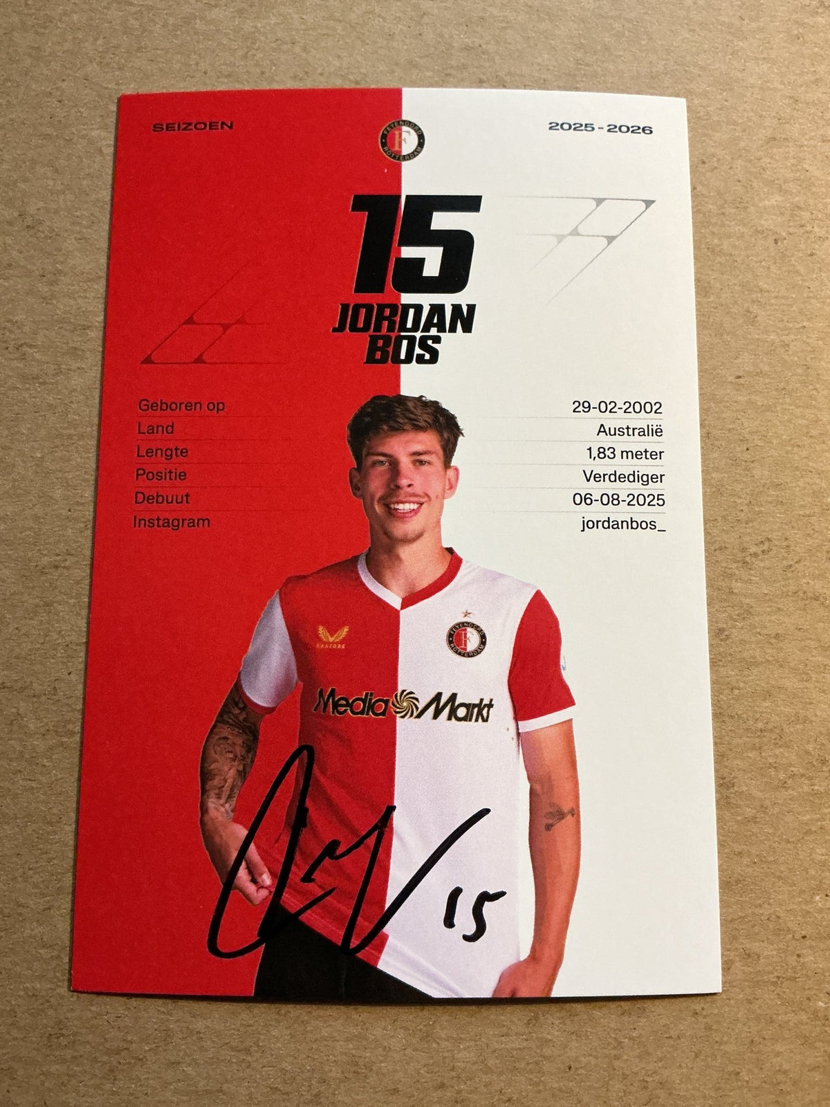 Jordan Bos, Australia 🇦🇺 Feyenoord Rotterdam 2025/26 hand signed - Autographs-World