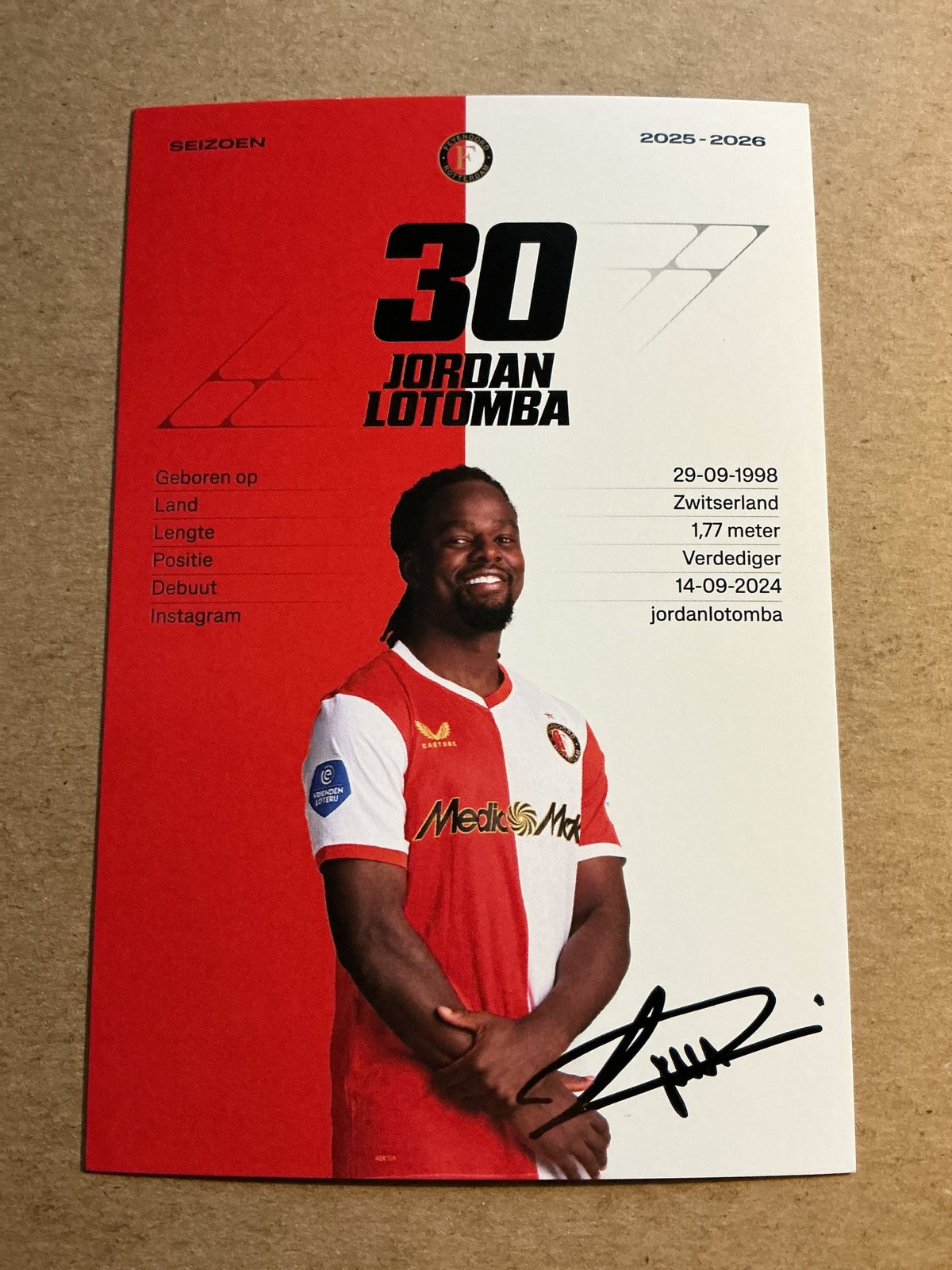 Jordan Lotomba, Switzerland 🇨🇭 Feyenoord Rotterdam 2025/26 hand signed - Autographs-World