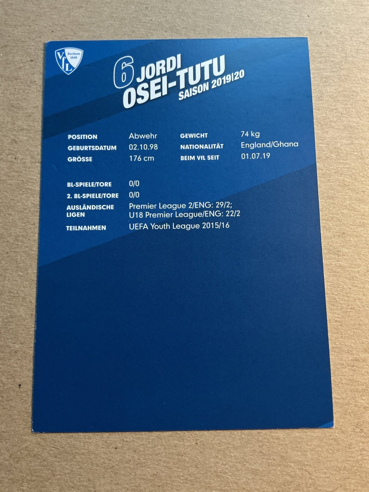 Jordi Osei-Tutu, England 🏴󠁧󠁢󠁥󠁮󠁧󠁿 VfL Bochum 2019/20 hand signed - Autographs-World