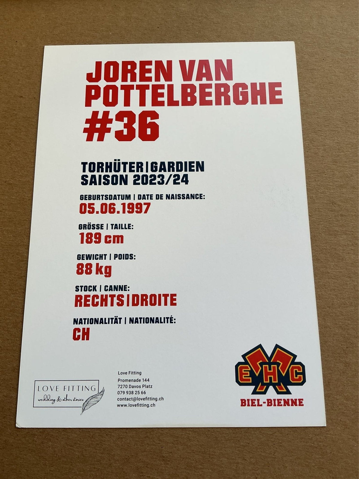 Joren van Pottelberghe, Switzerland 🇨🇭 EHC Biel-Bienne 2023/24 hand signed - Autographs-World