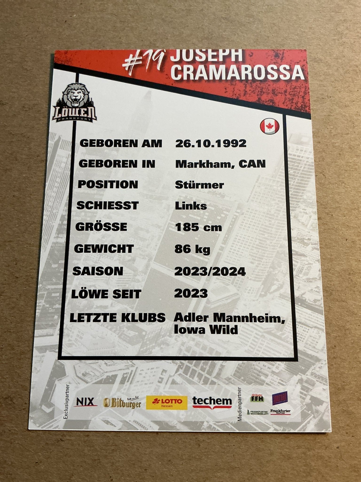 Joseph Cramarossa, Canada 🇨🇦 Löwen Frankfurt 2023/24 hand signed - Autographs-World
