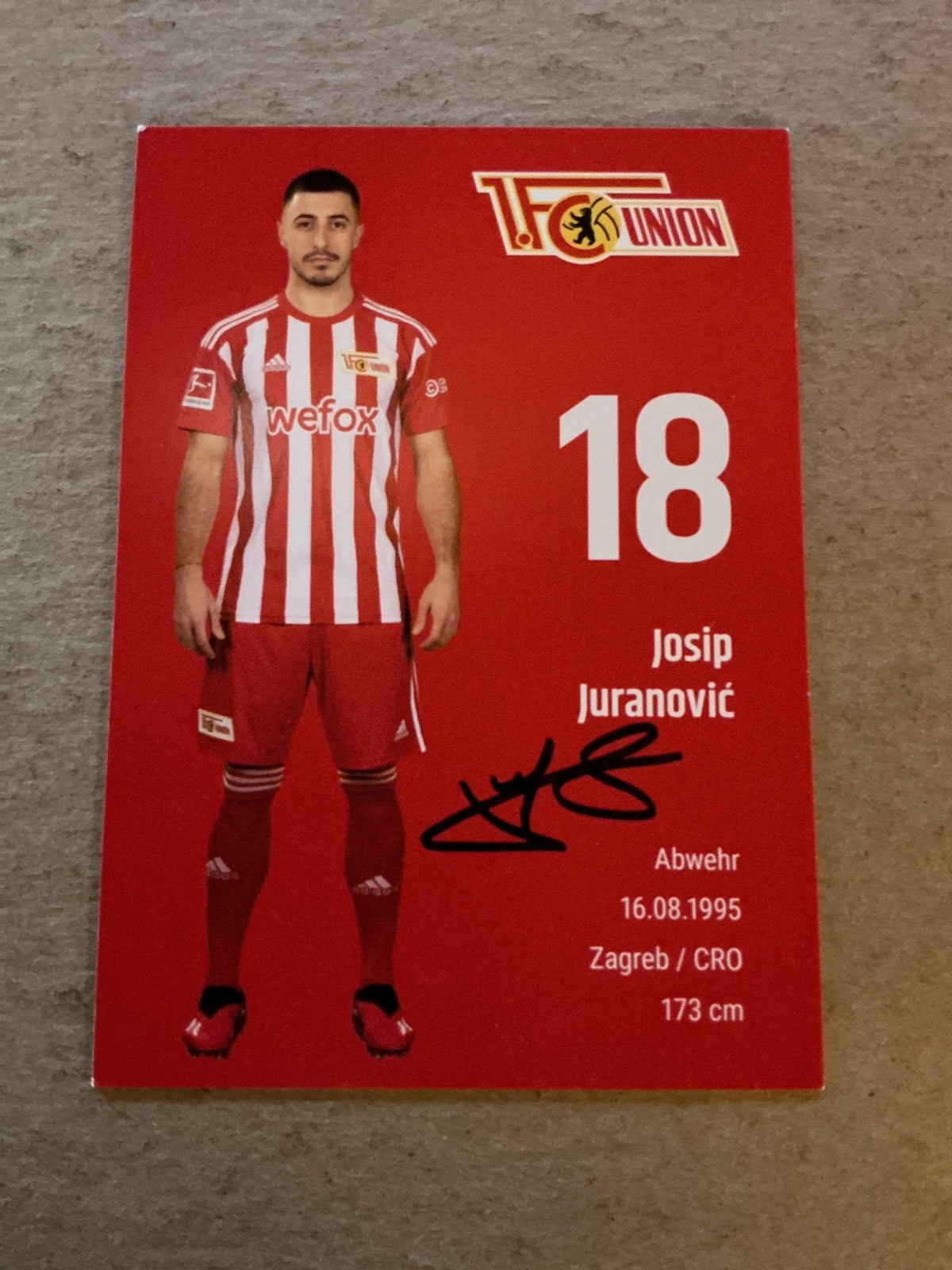 Josip Juranović, Croatia 🇭🇷 1.FC Union Berlin 2022/23 hand signed - Autographs-World
