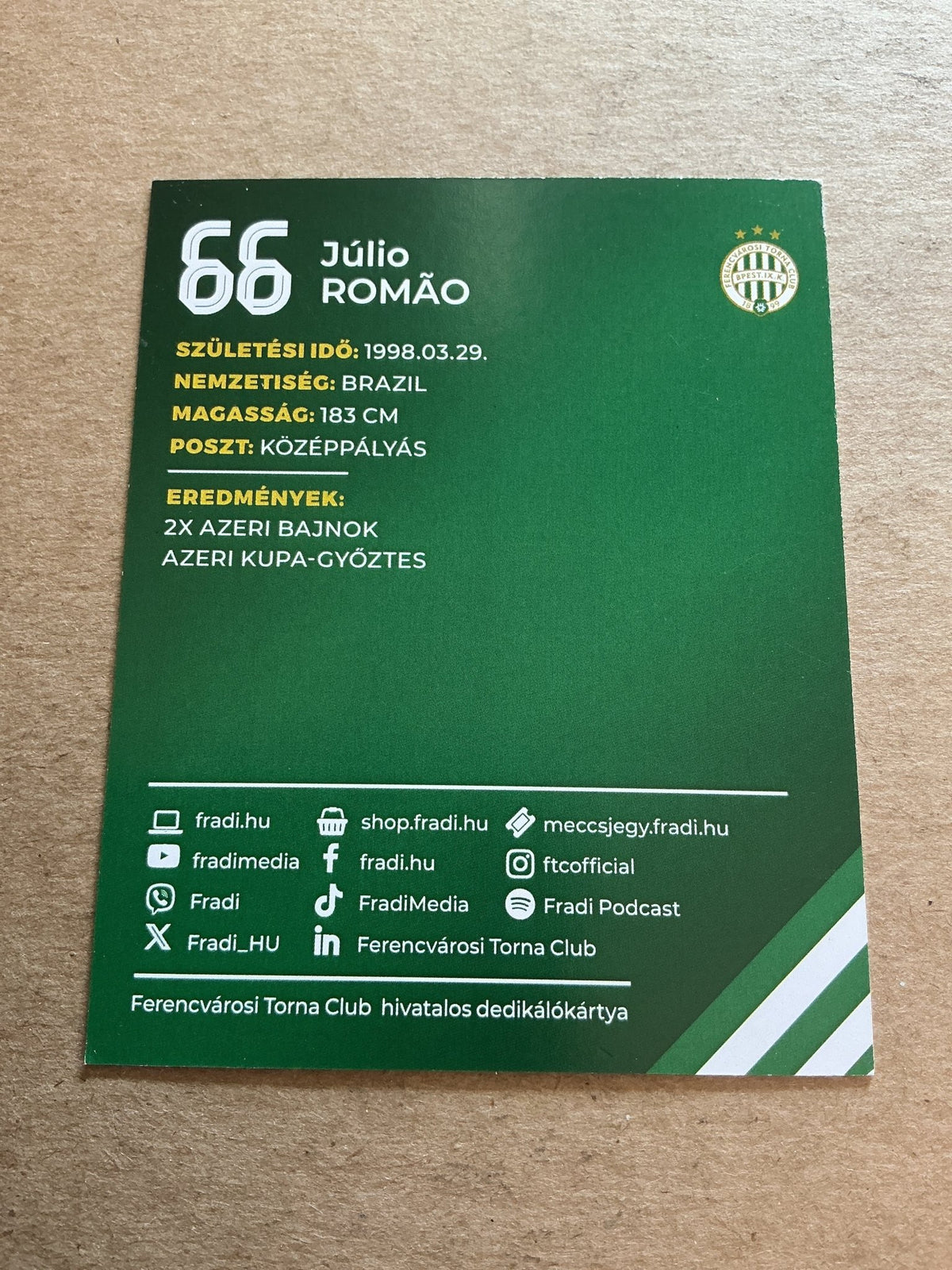Julio Romao, Brazil 🇧🇷 Ferencvaros TC 2024/25 hand signed - Autographs-World
