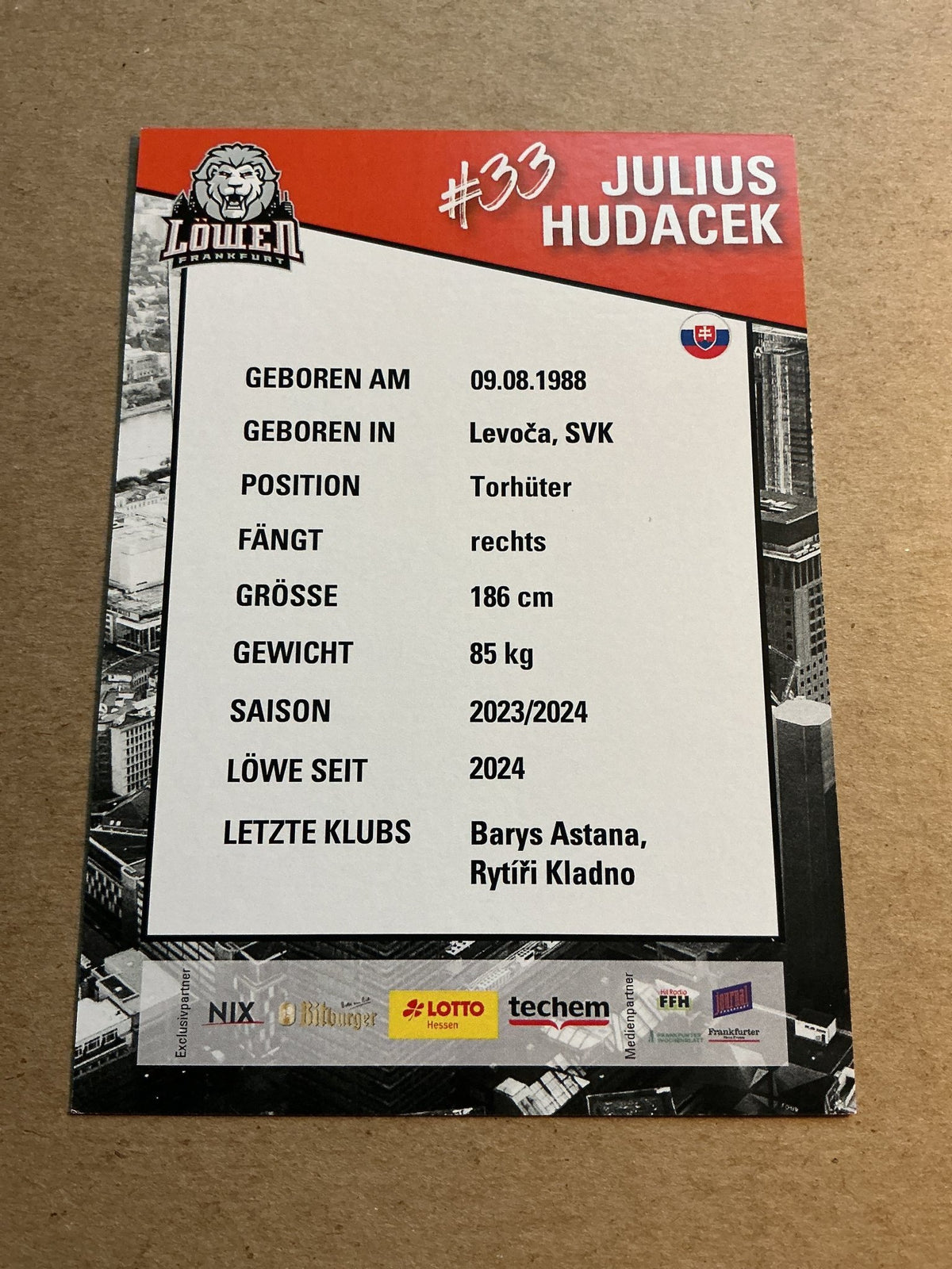 Julius Hudacek, Slovakia 🇸🇰 Löwen Frankfurt 2023/24 hand signed - Autographs-World