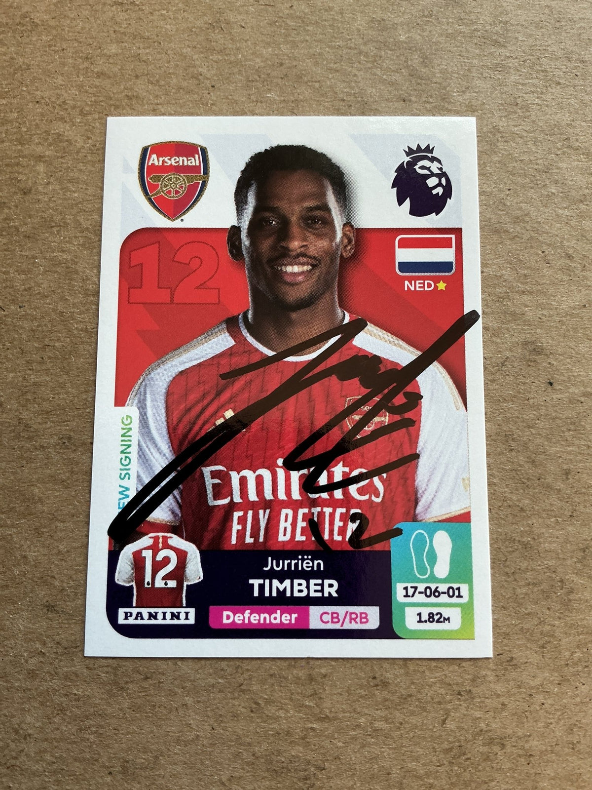 Jurrien Timber, Netherlands 🇳🇱 Arsenal FC 2024 Panini hand signed - Autographs-World