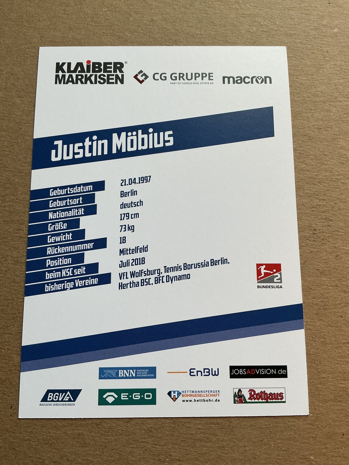 Justin Möbius, Germany 🇩🇪 Karlsruher SC 2019/20 hand signed - Autographs-World