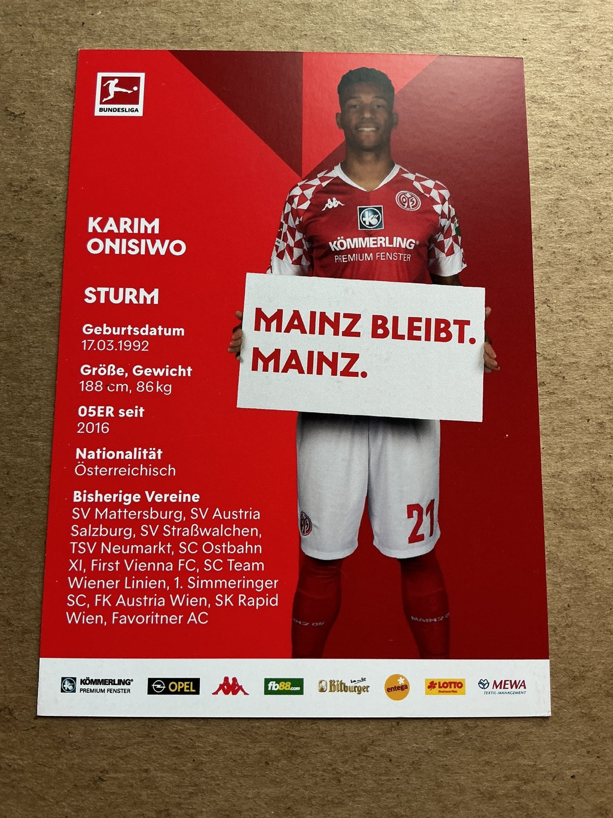 Karim Onisiwo, Austria 🇦🇹 FSV Mainz 05 2020/21 hand signed - Autographs-World