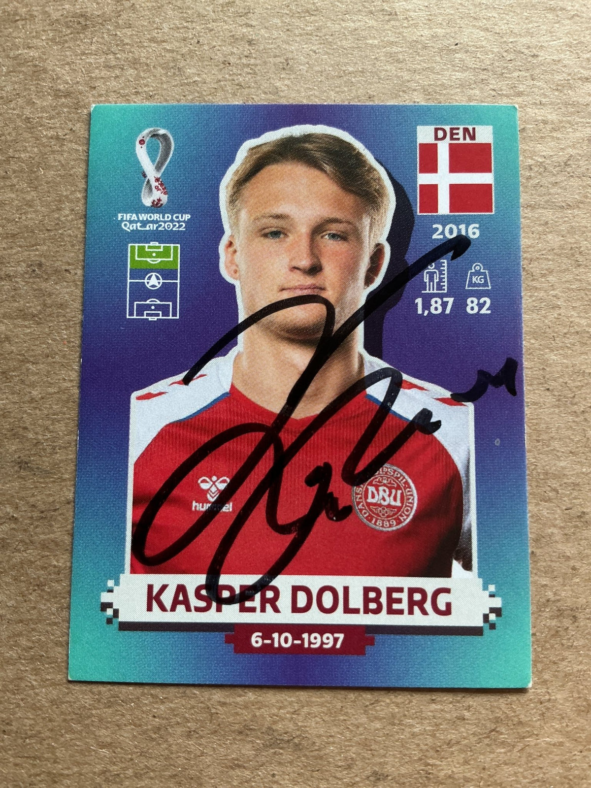 Kasper Dolberg, Denmark 🇩🇰 FIFA World Cup 2022 Panini hand signed - Autographs-World