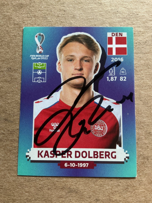 Kasper Dolberg, Denmark 🇩🇰 FIFA World Cup 2022 Panini hand signed - Autographs-World