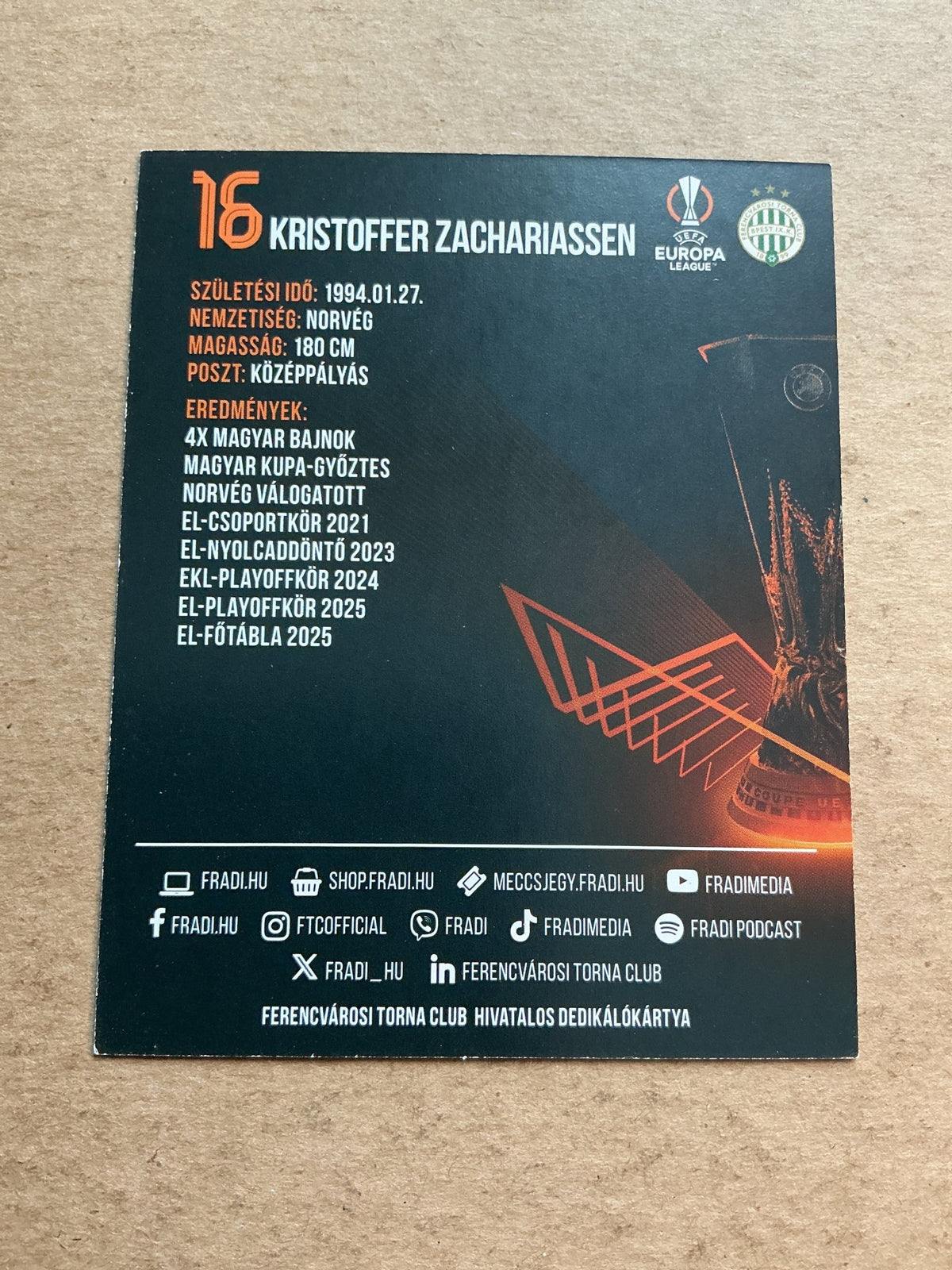 Kristoffer Zachariassen, Norway 🇳🇴 Ferencvaros 2025/26 hand signed - Autographs-World