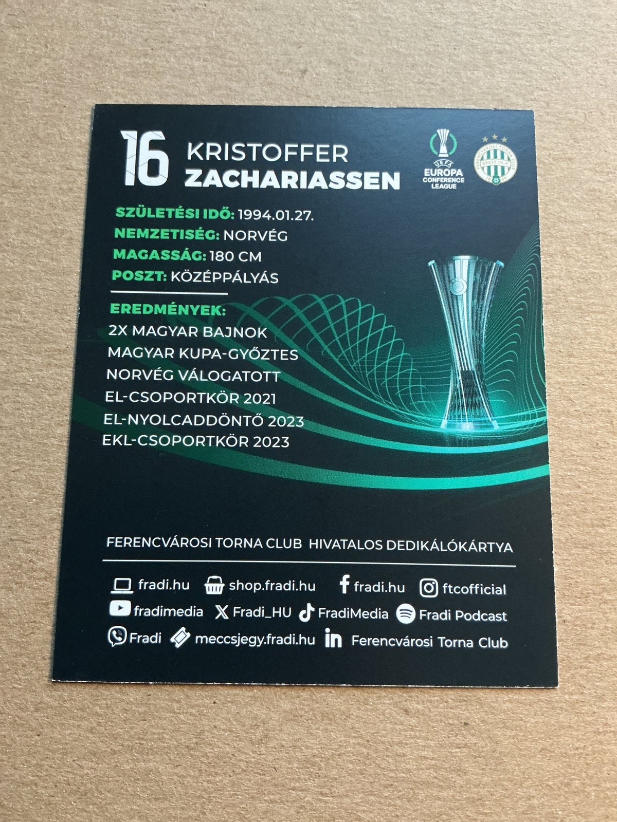 Kristoffer Zachatiassen, Norway 🇳🇴 Ferencváros TC 2023/24 hand signed - Autographs-World