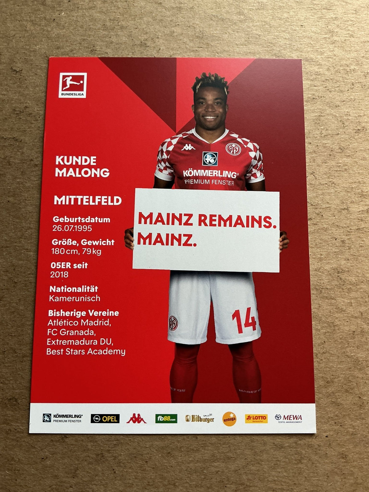 Kunde Malong, Cameroon 🇨🇲 FSV Mainz 05 2020/21 hand signed - Autographs-World