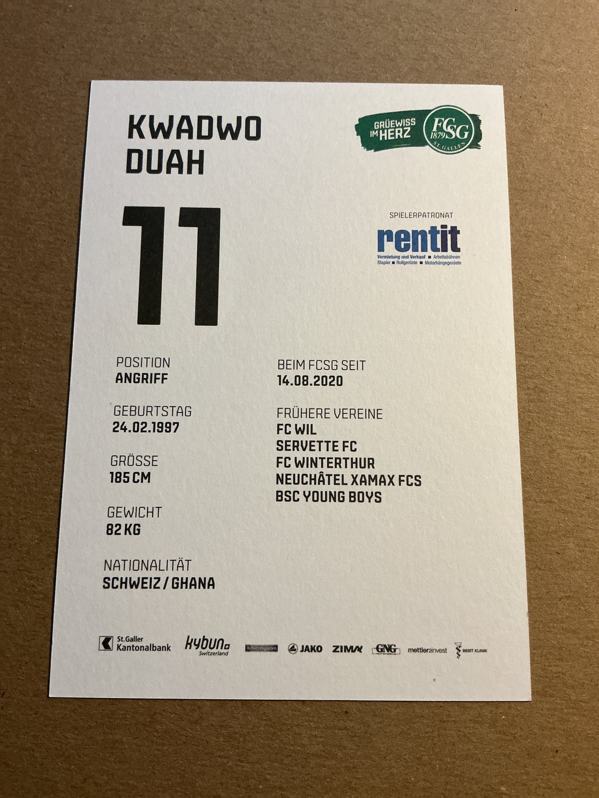 Kwadwo Duah, Switzerland 🇨🇭 FC St. Gallen 2021/22 hand signed - Autographs-World