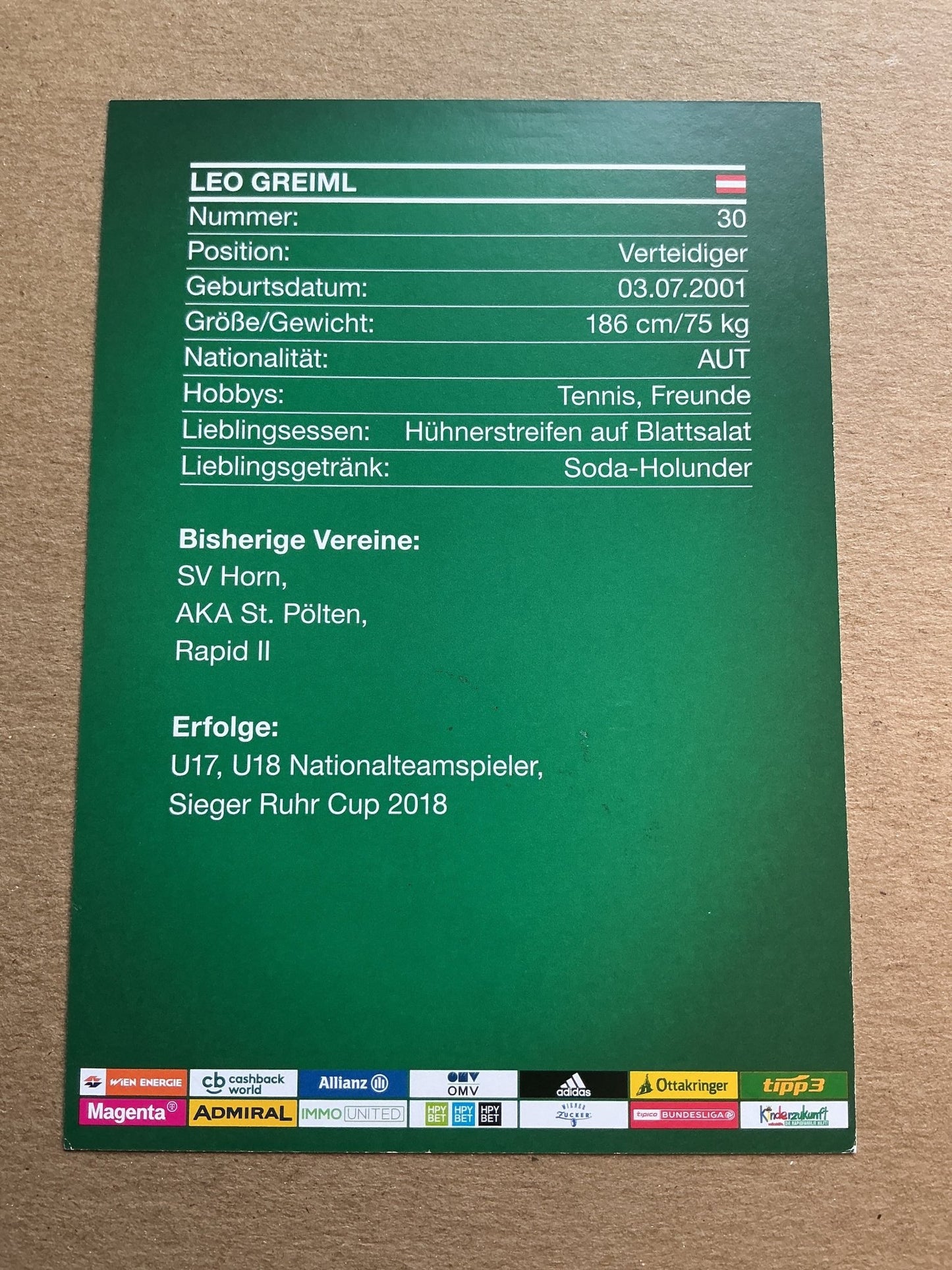 Leo Greiml, Austria 🇦🇹 Rapid Wien 2019/20 hand signed - Autographs-World