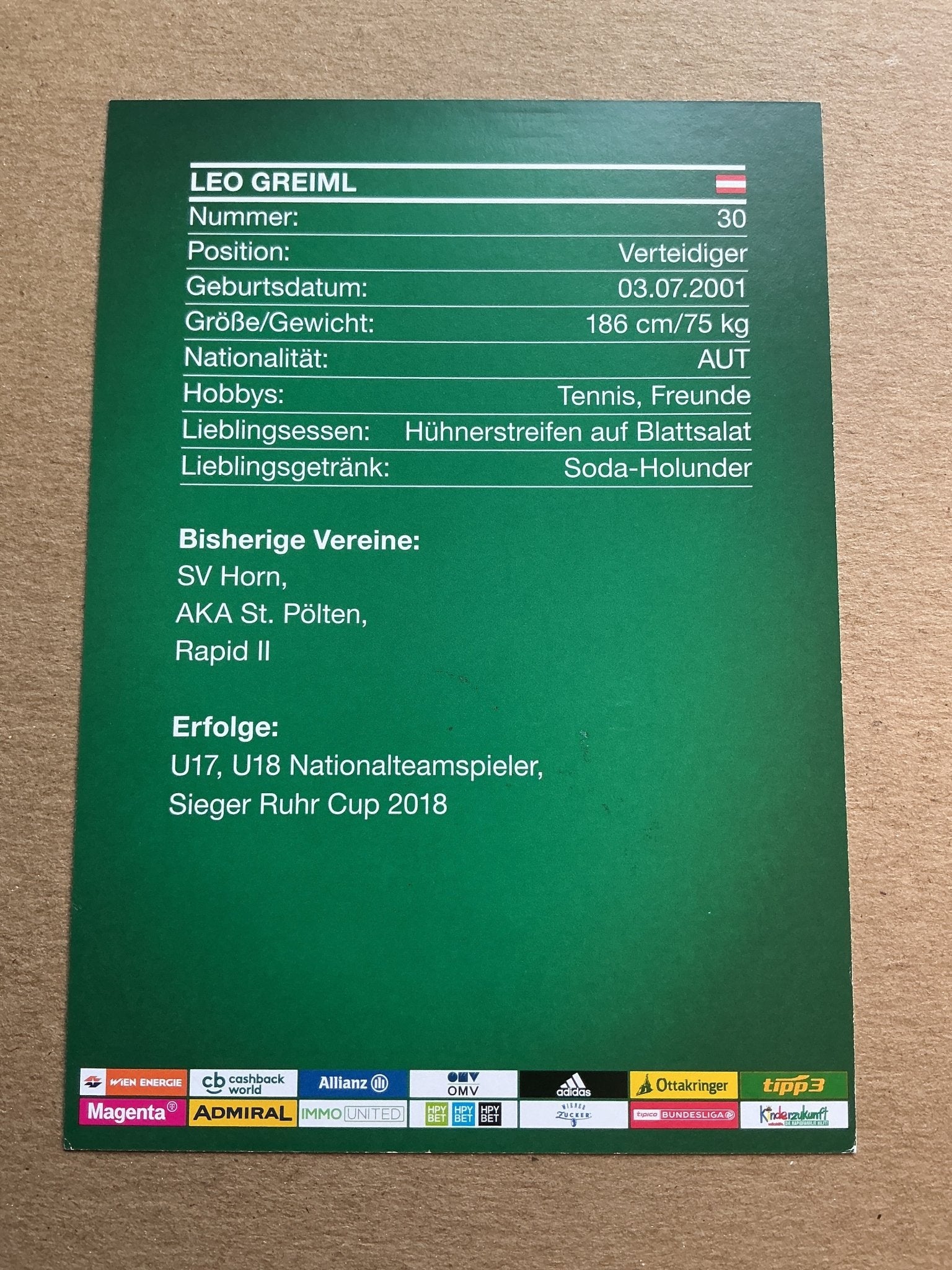 Leo Greiml, Austria 🇦🇹 Rapid Wien 2019/20 hand signed - Autographs-World