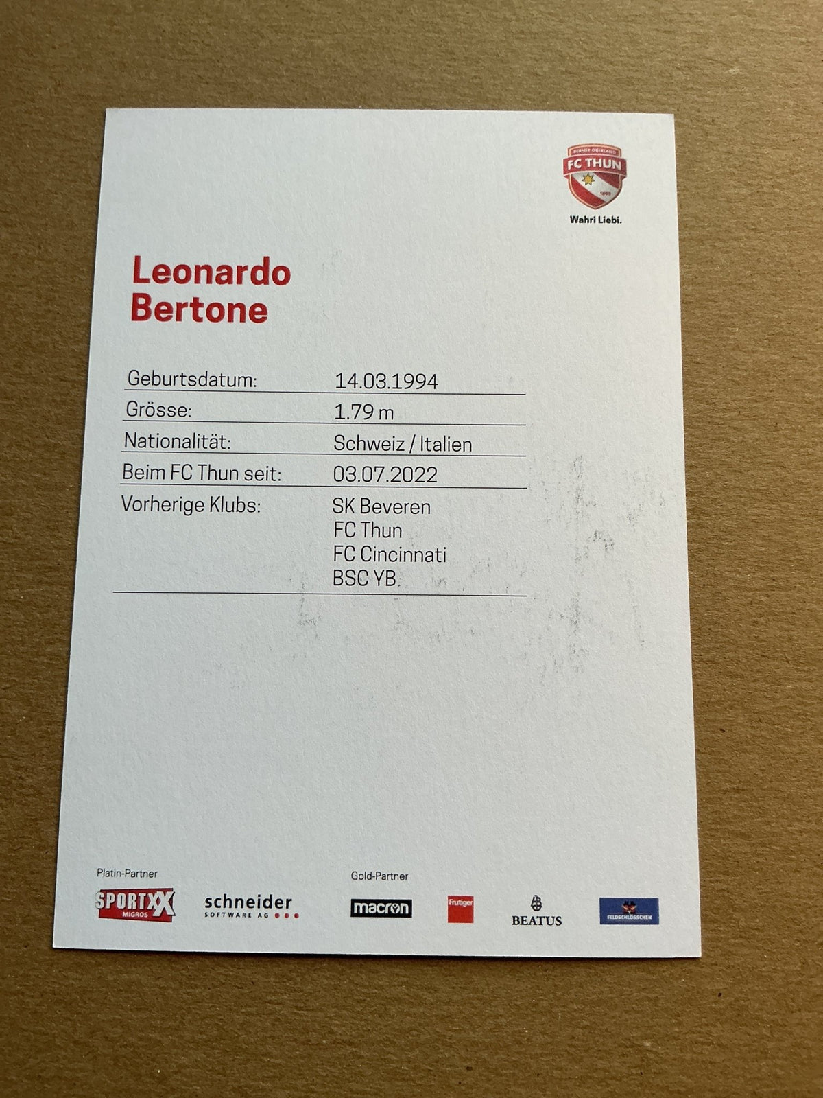 Leonardo Bertone, Switzerland 🇨🇭 FC Thun 2022/23 hand signed - Autographs-World