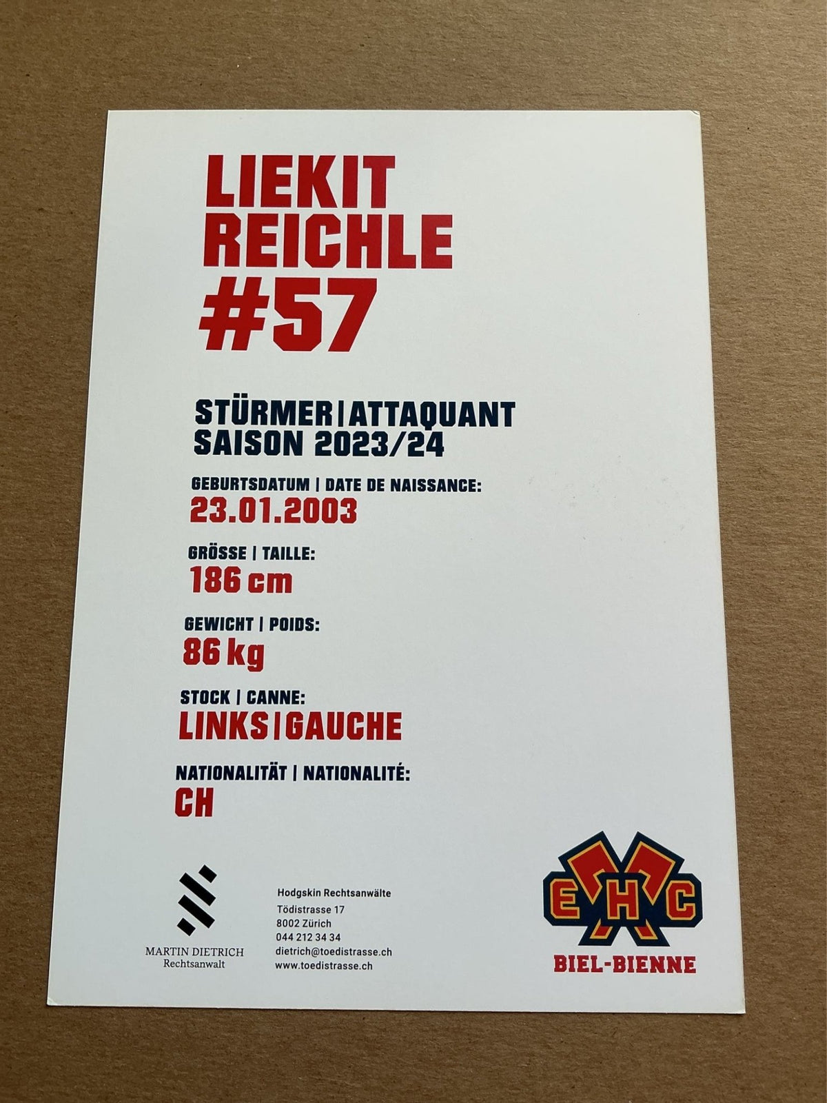 Liekit Reichle, Switzerland 🇨🇭 EHC Biel-Bienne 2023/24 hand signed - Autographs-World