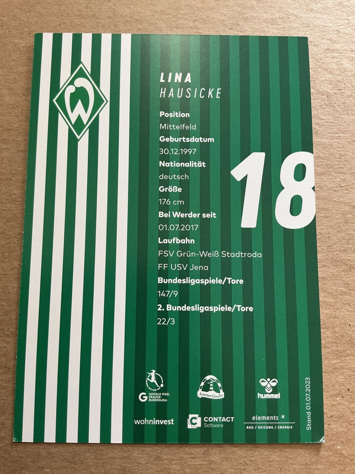 Lina Hausicke, Germany 🇩🇪 SV Werder Bremen 2023/24 hand signed - Autographs-World