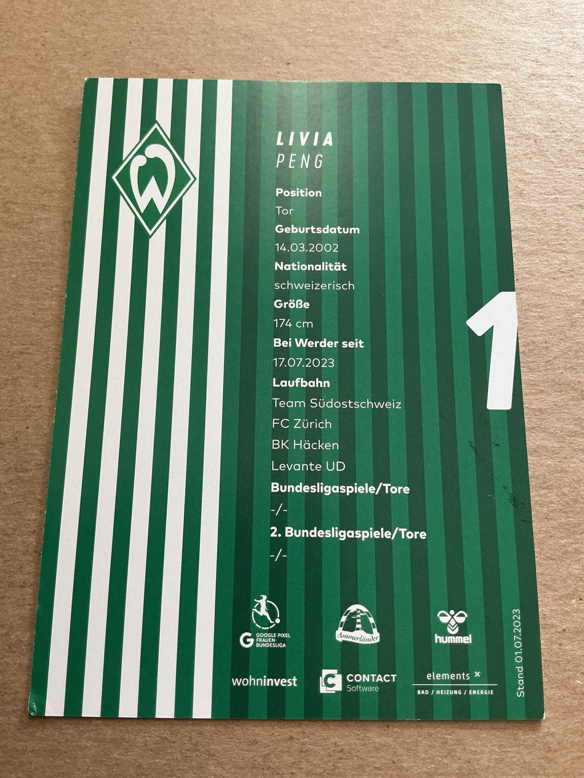 Livia Peng, Switzerland 🇨🇭 SV Werder Bremen 2023/24 hand signed - Autographs-World
