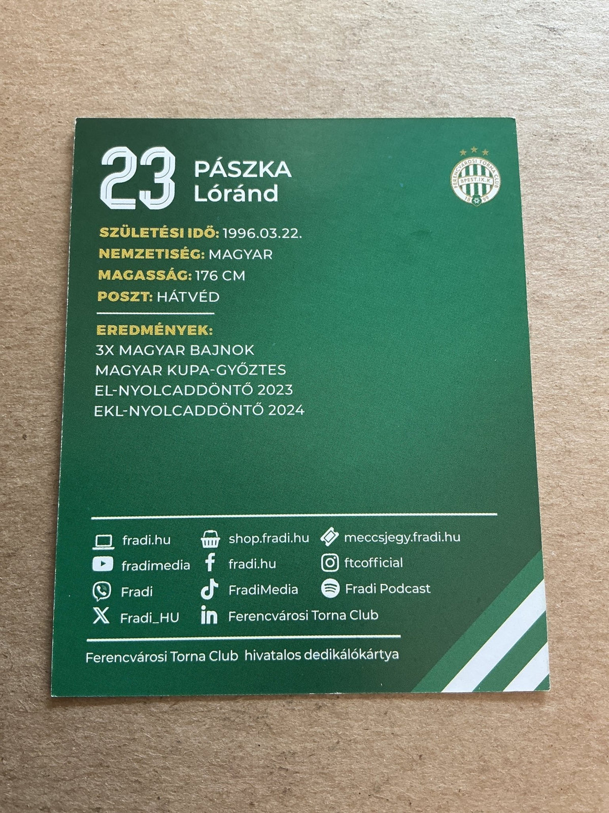 Lorand Paszka, Hungary 🇭🇺 Ferencvaros TC 2024/25 hand signed - Autographs-World