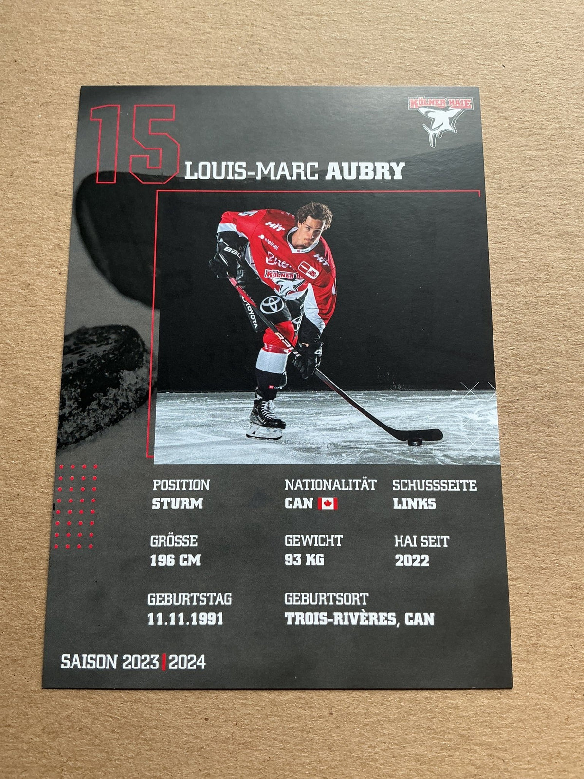 Louis-Marc Aubry, Canada 🇨🇦 Kölner Haie 2023/24 hand signed - Autographs-World