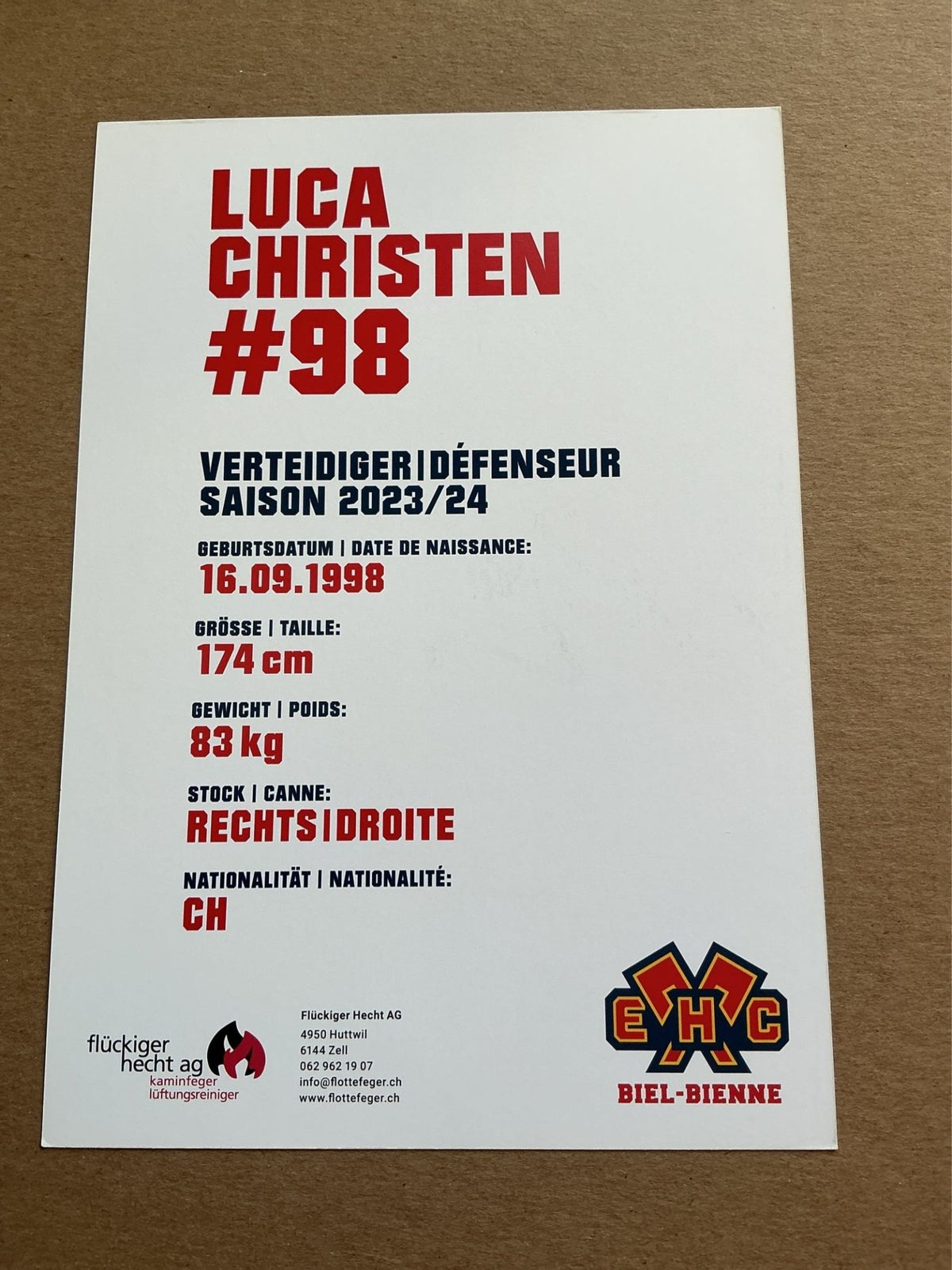 Luca Christen, Switzerland 🇨🇭 EHC Biel-Bienne 2023/24 hand signed - Autographs-World