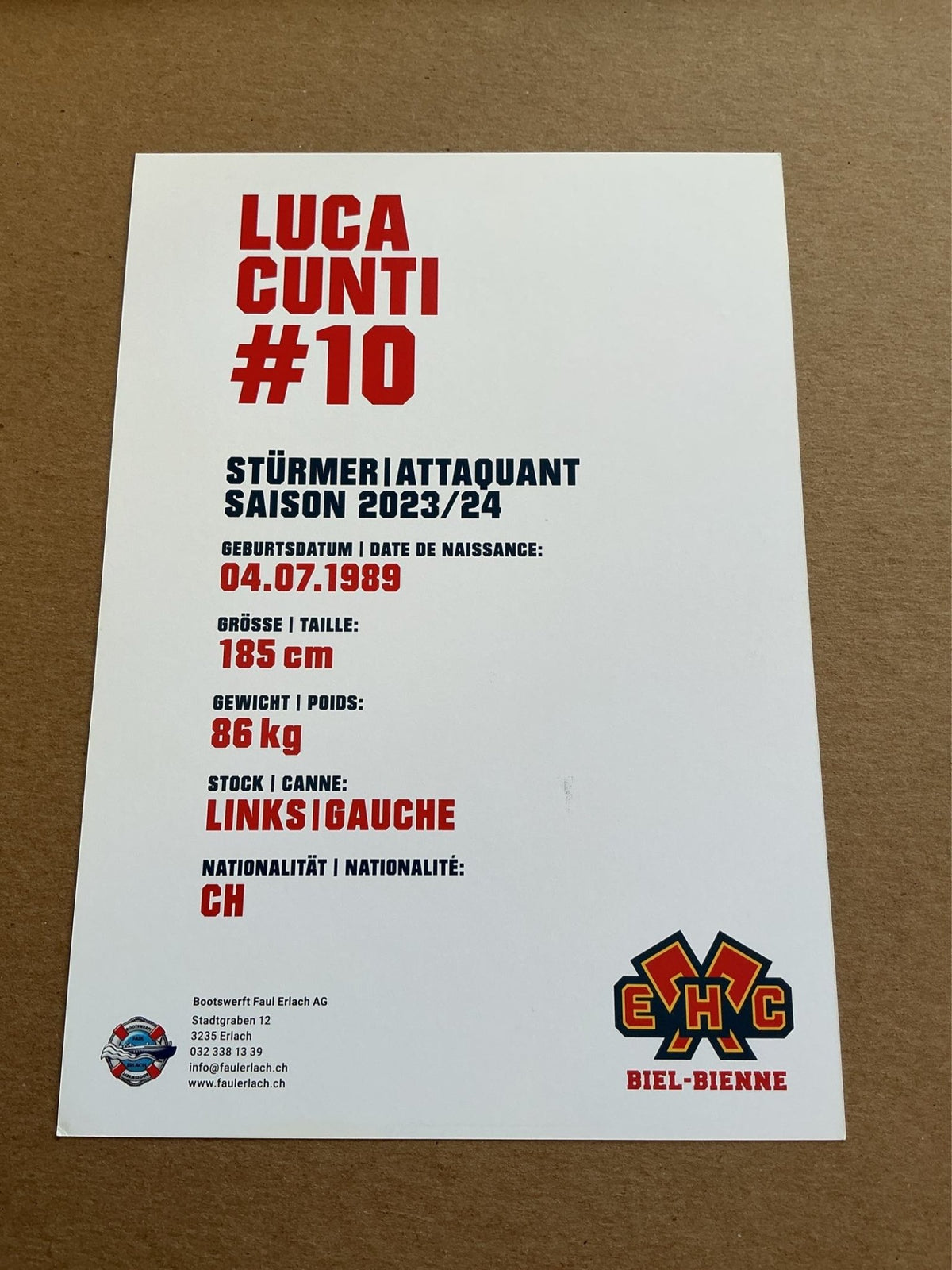 Luca Cunti, Switzerland 🇨🇭 EHC Biel-Bienne 2023/24 hand signed - Autographs-World