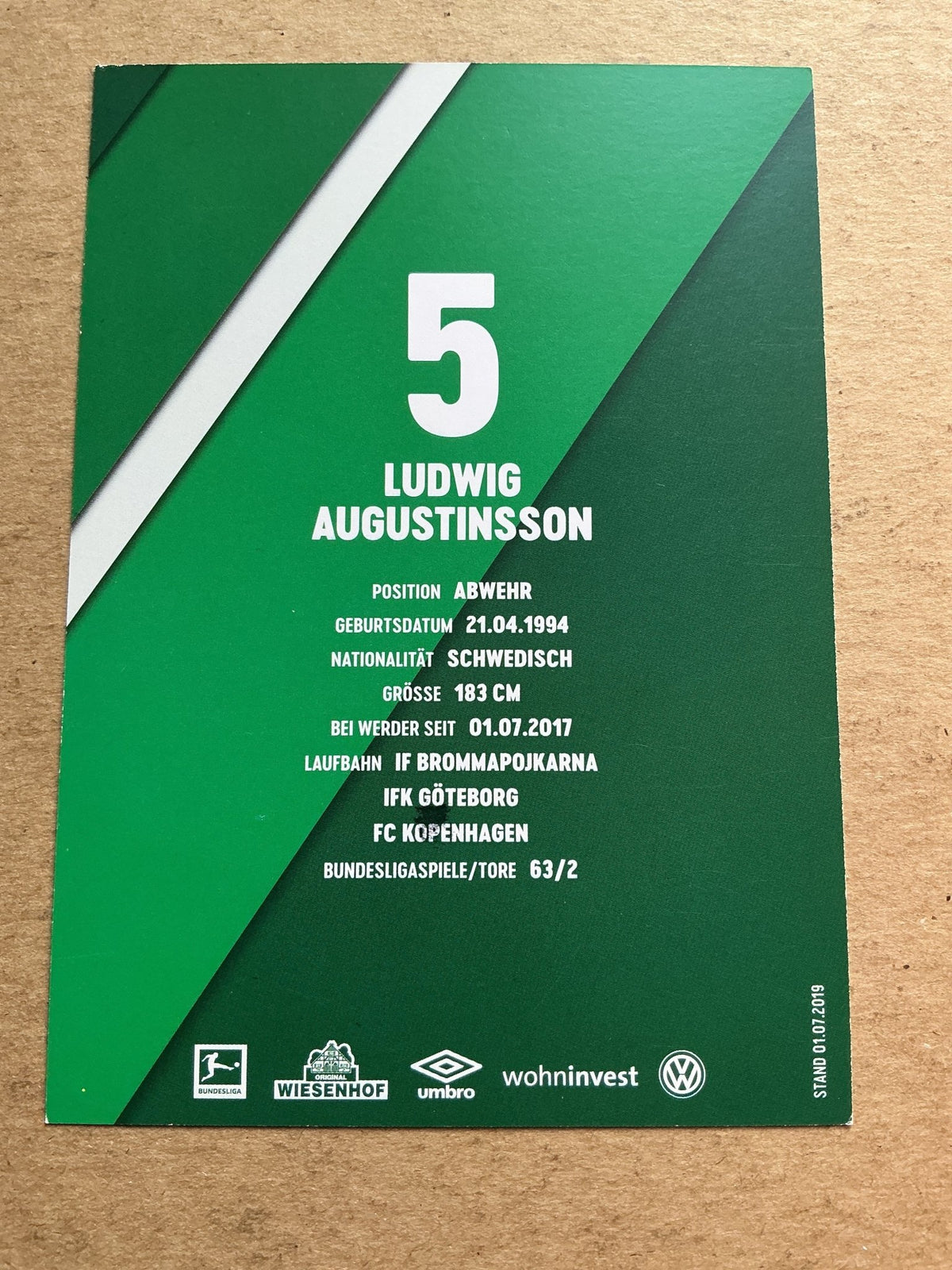 Ludwig Augustinsson, Sweden 🇸🇪 SV Werder Bremen 2019/20 hand signed - Autographs-World