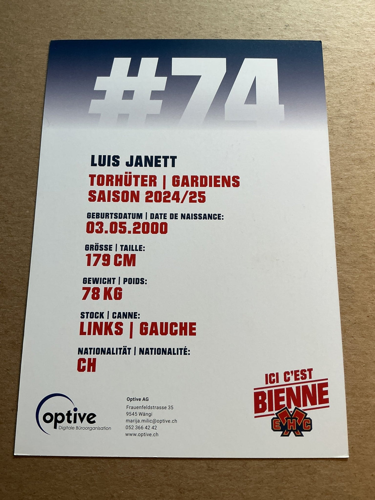 Luis Janett, Switzerland 🇨🇭 EHC Biel-Bienne 2024/25 hand signed - Autographs-World