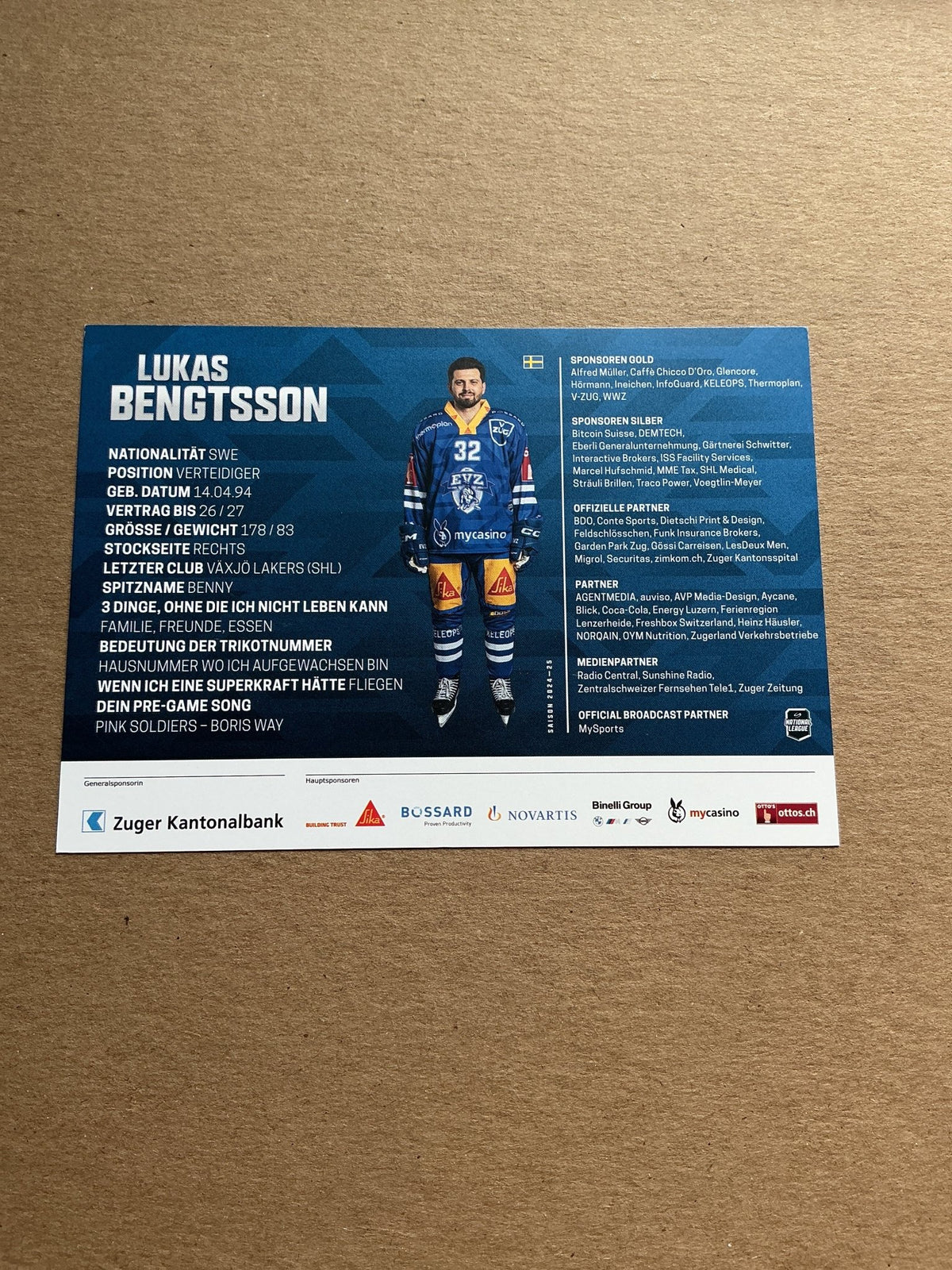 Lukas Bengtsson, Sweden 🇸🇪 EV Zug 2024/25 hand signed - Autographs-World