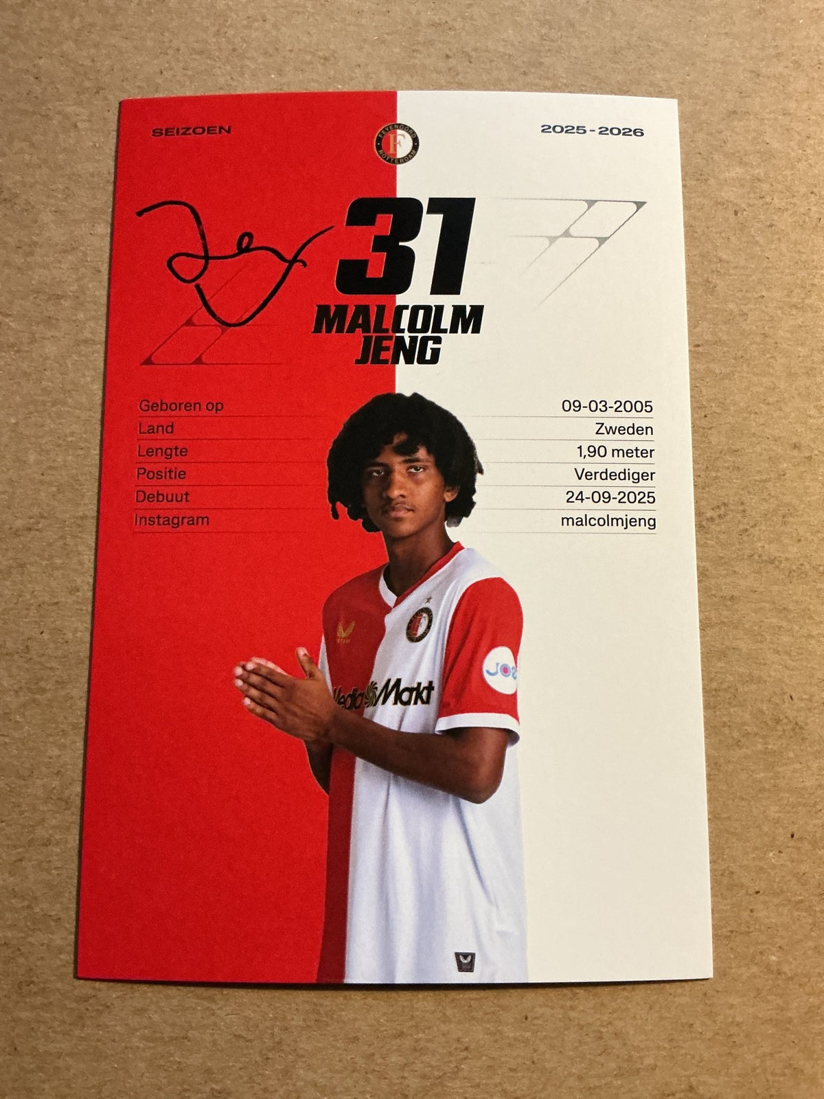 Malcolm Jeng, Sweden 🇸🇪 Feyenoord Rotterdam 2025/26 hand signed - Autographs-World
