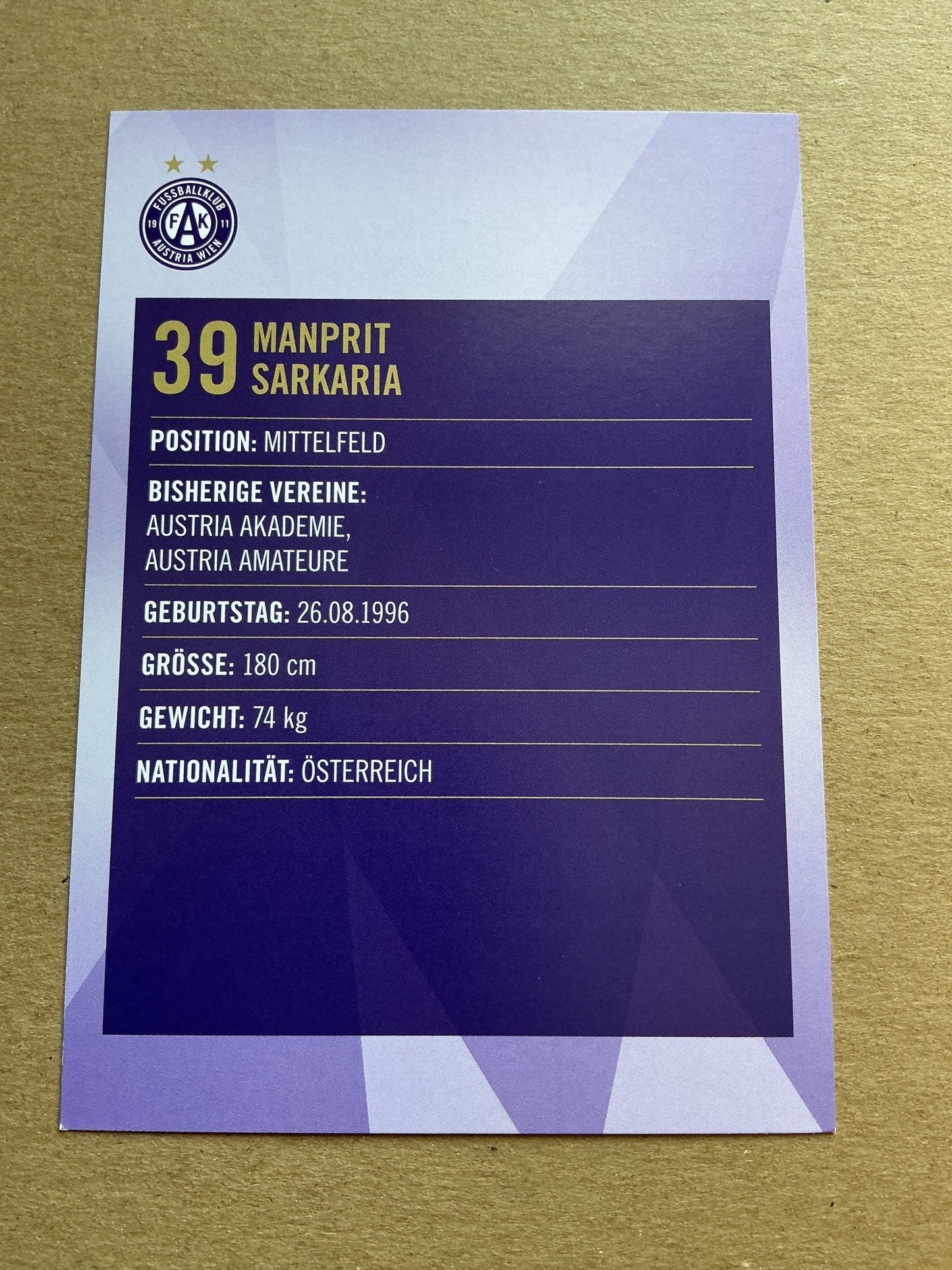 Manprit Sarkaria, Austria 🇦🇹 Austria Wien 2019/20 hand signed - Autographs-World