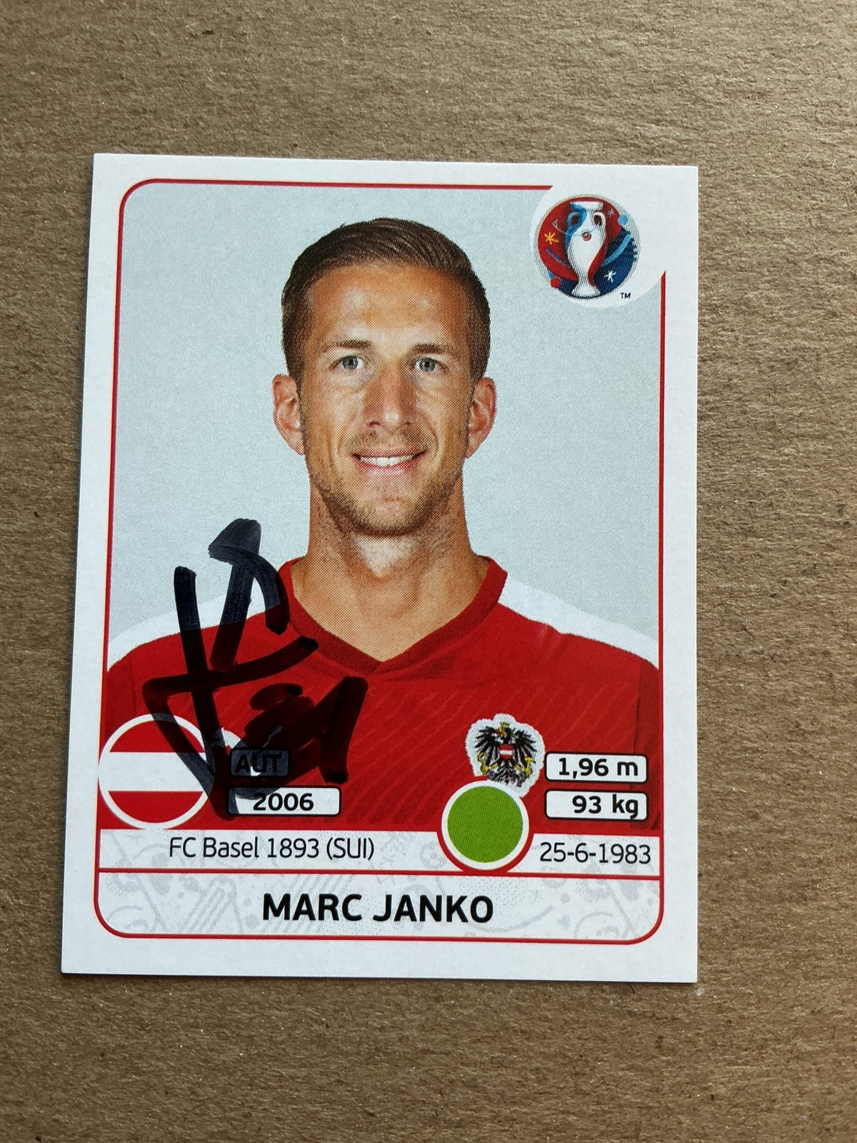Marc Janko, Austria 🇦🇹 UEFA Euro 2016 Panini hand signed - Autographs-World