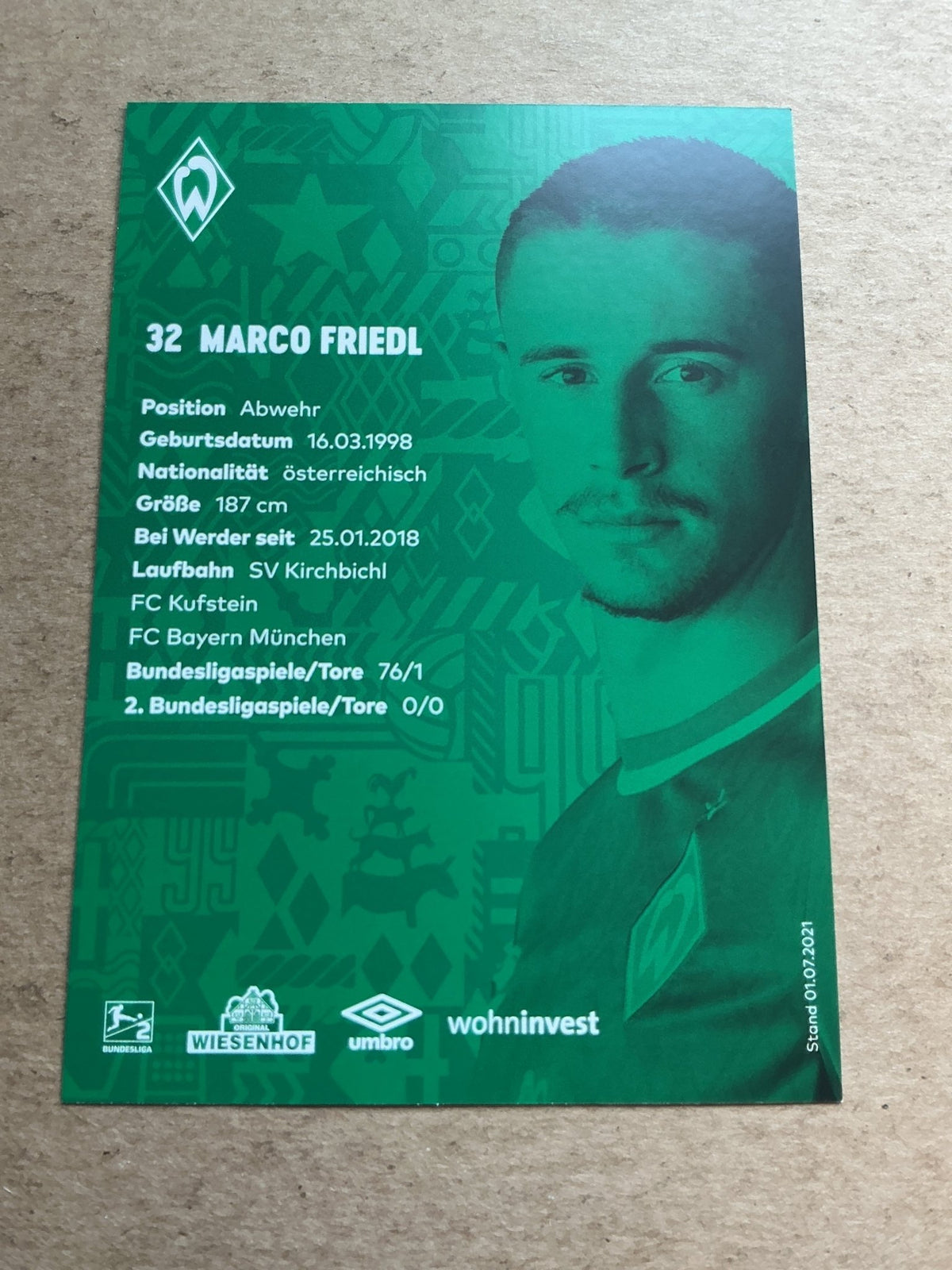Marco Friedl, Austria 🇦🇹 SV Werder Bremen 2021/22 hand signed - Autographs-World