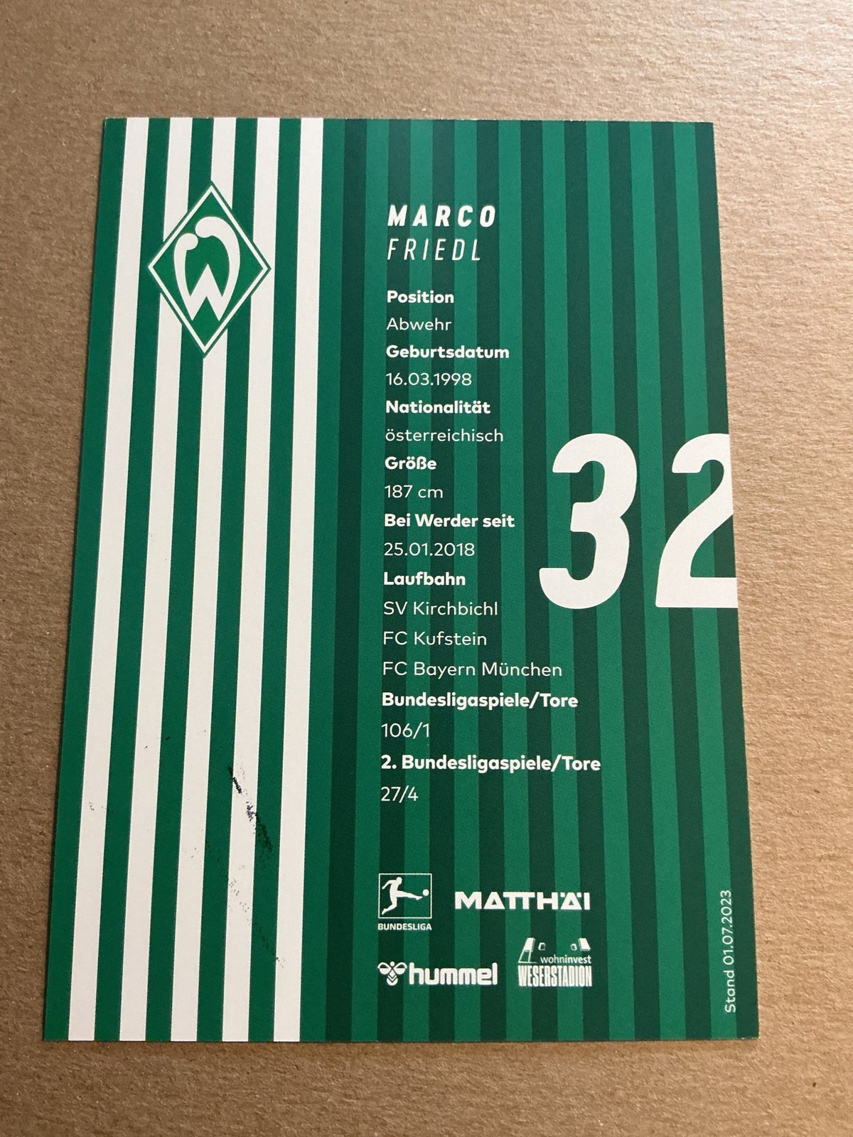 Marco Friedl, Austria 🇦🇹 SV Werder Bremen 2023/24 hand signed - Autographs-World