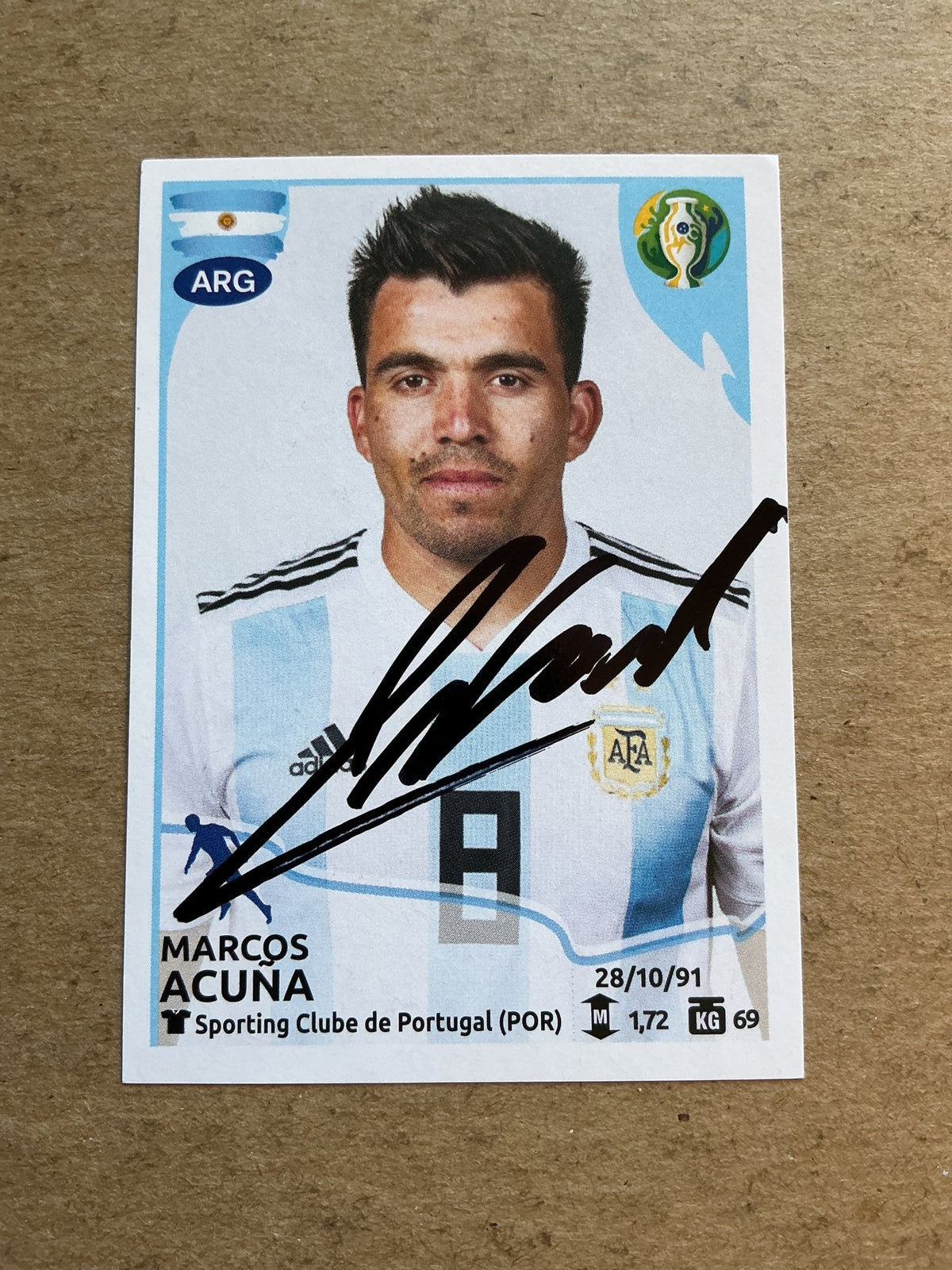 Marcos Acuña, Argentina 🇦🇷 Copa America 2019 Panini hand signed - Autographs-World
