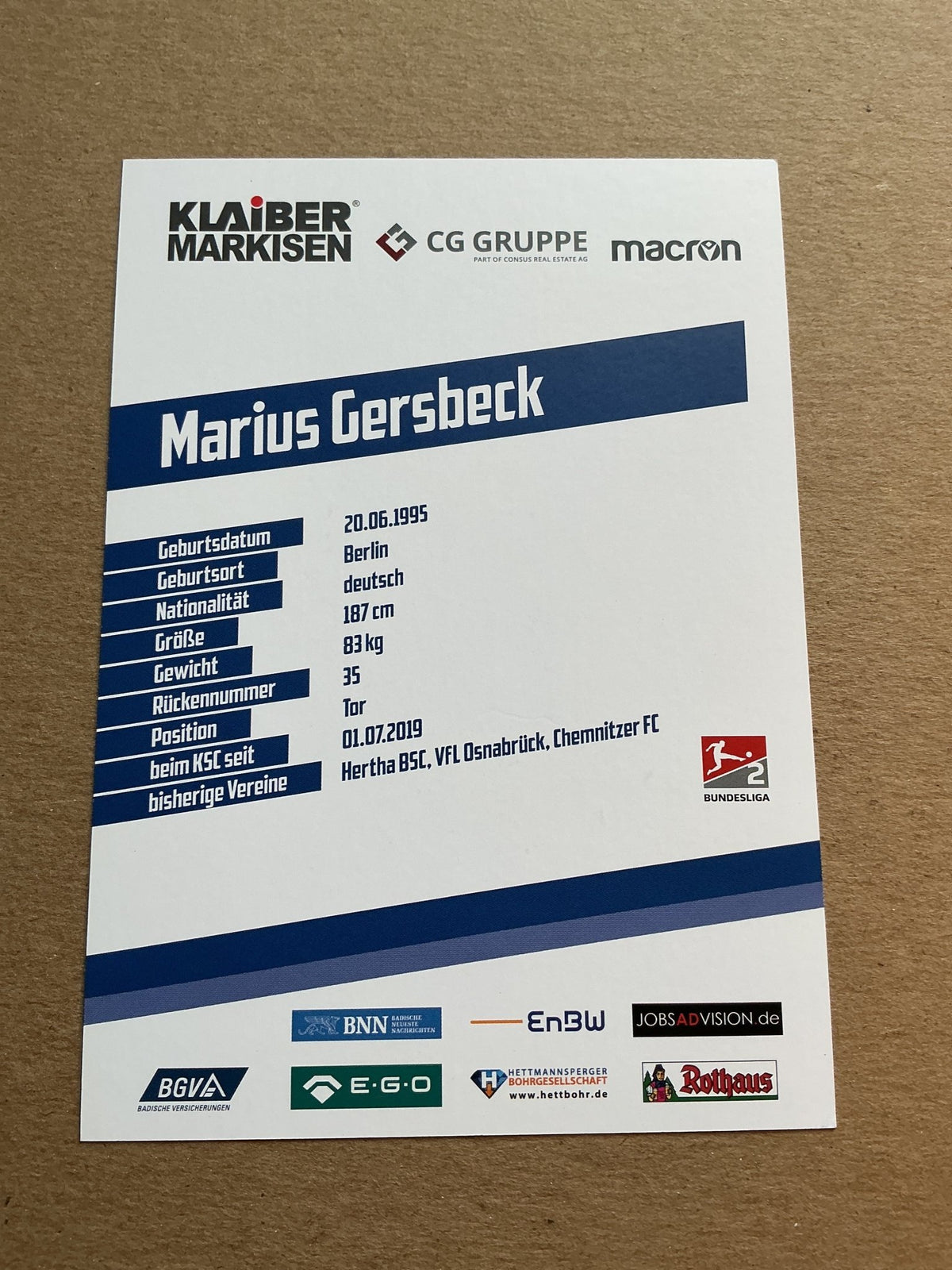 Marius Gersbeck, Germany 🇩🇪 Karlsruher SC 2019/20 hand signed - Autographs-World