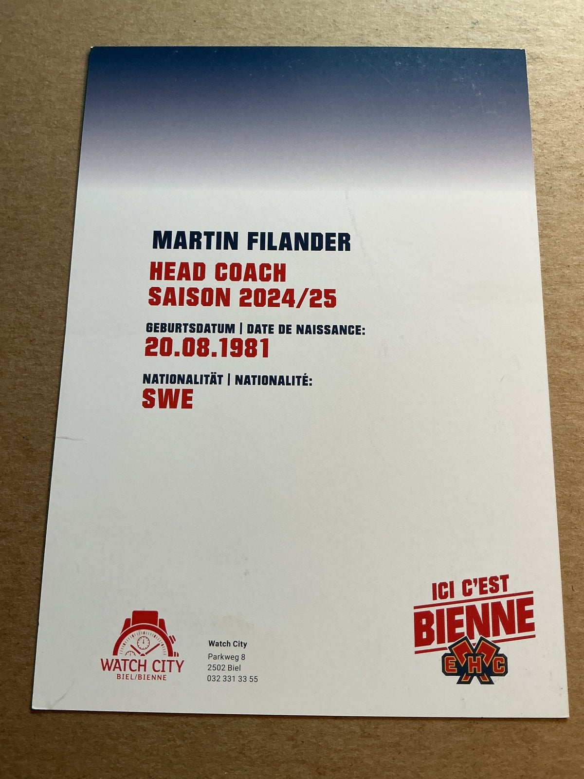 Martin Filander, Sweden 🇸🇪 EHC Biel-Bienne 2024/25 hand signed - Autographs-World